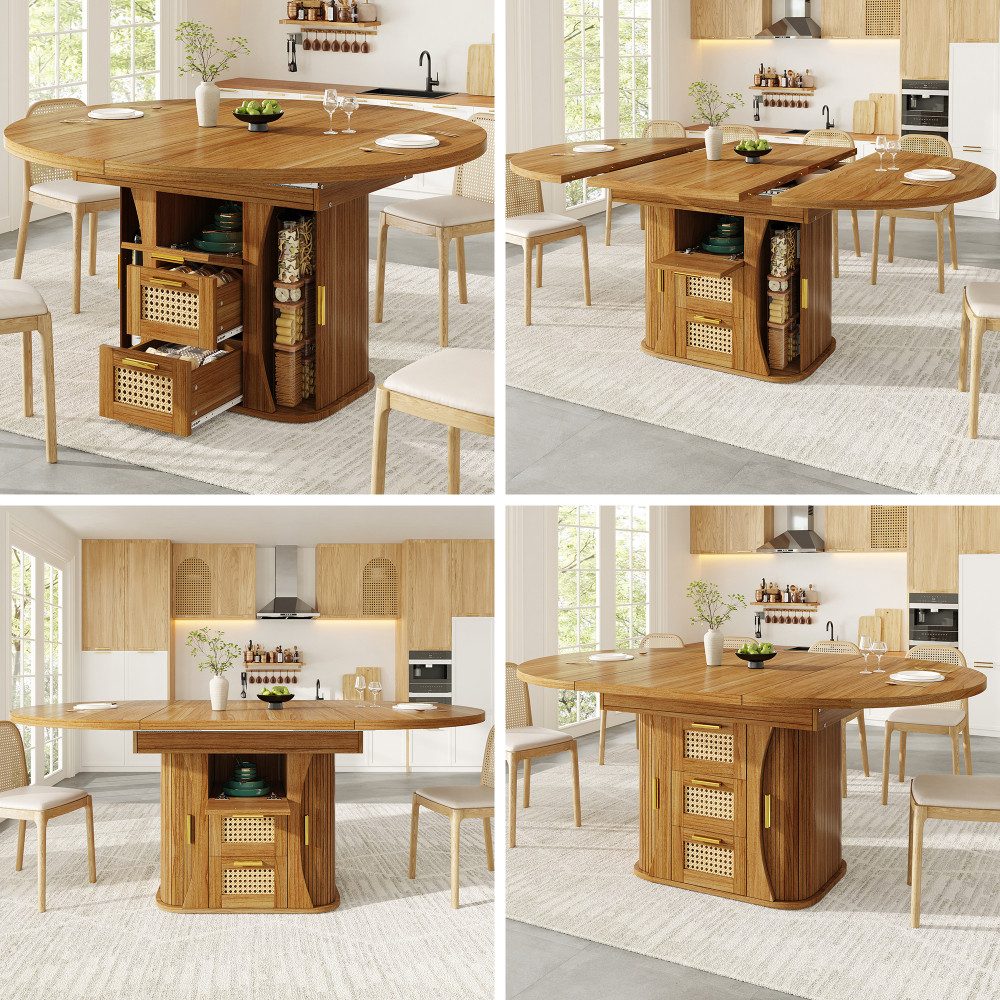 BBG Esstisch Ausziehbarer Esstisch 118–158 cm mit Stauraum, MDF in Holzoptik, Schubladen in Rattan-Optik, Küchentisch für 4–6 Personen