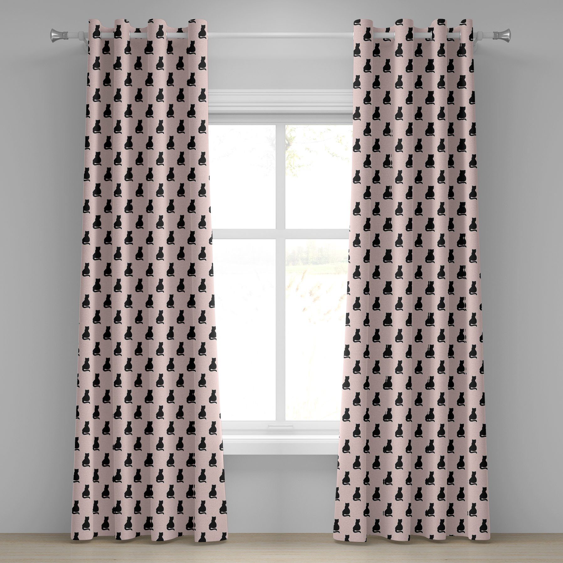Gardine Dekorative 2-Panel-Fenstervorhänge für Schlafzimmer Wohnzimmer, Abakuhaus, Katze Schwarze Silhouetten auf Rosa