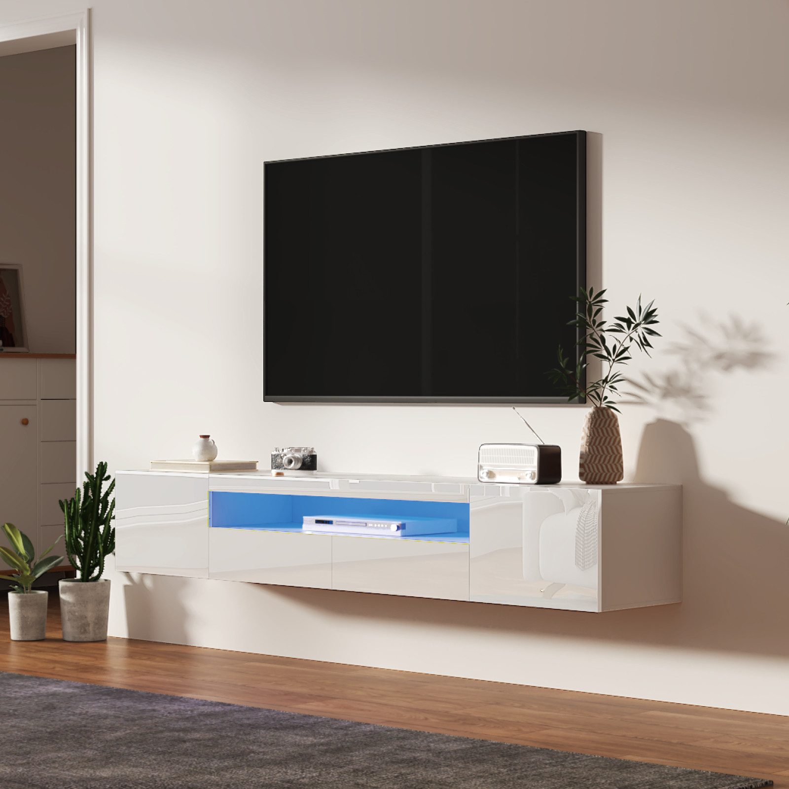 radelldar Lowboard 180cm Hochglanz mit LED-Beleuchtung und Stauraum (1 St), hängender TV-Schrank für Fernseher bis 85 Zoll – Bild 4 von 5