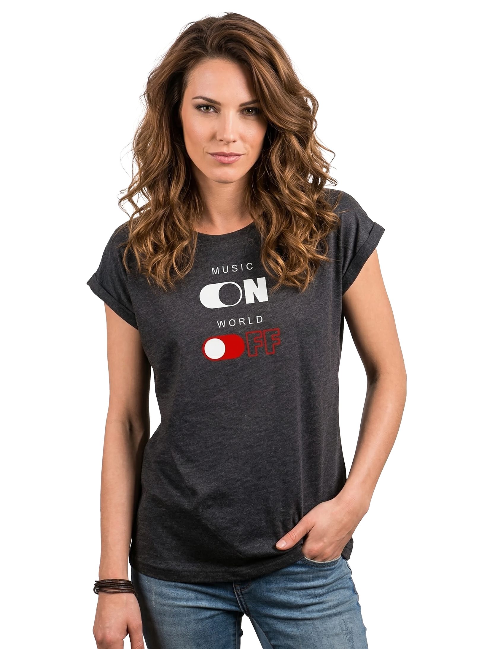 MAKAYA T-Shirt Damen Kurzarm Top mit Music On Print – Party & Freizeit (Schwarz, Blau, Dunkelgrau, 34, 36, 38, 40, 42, 44, 46, 48) Baumwolle