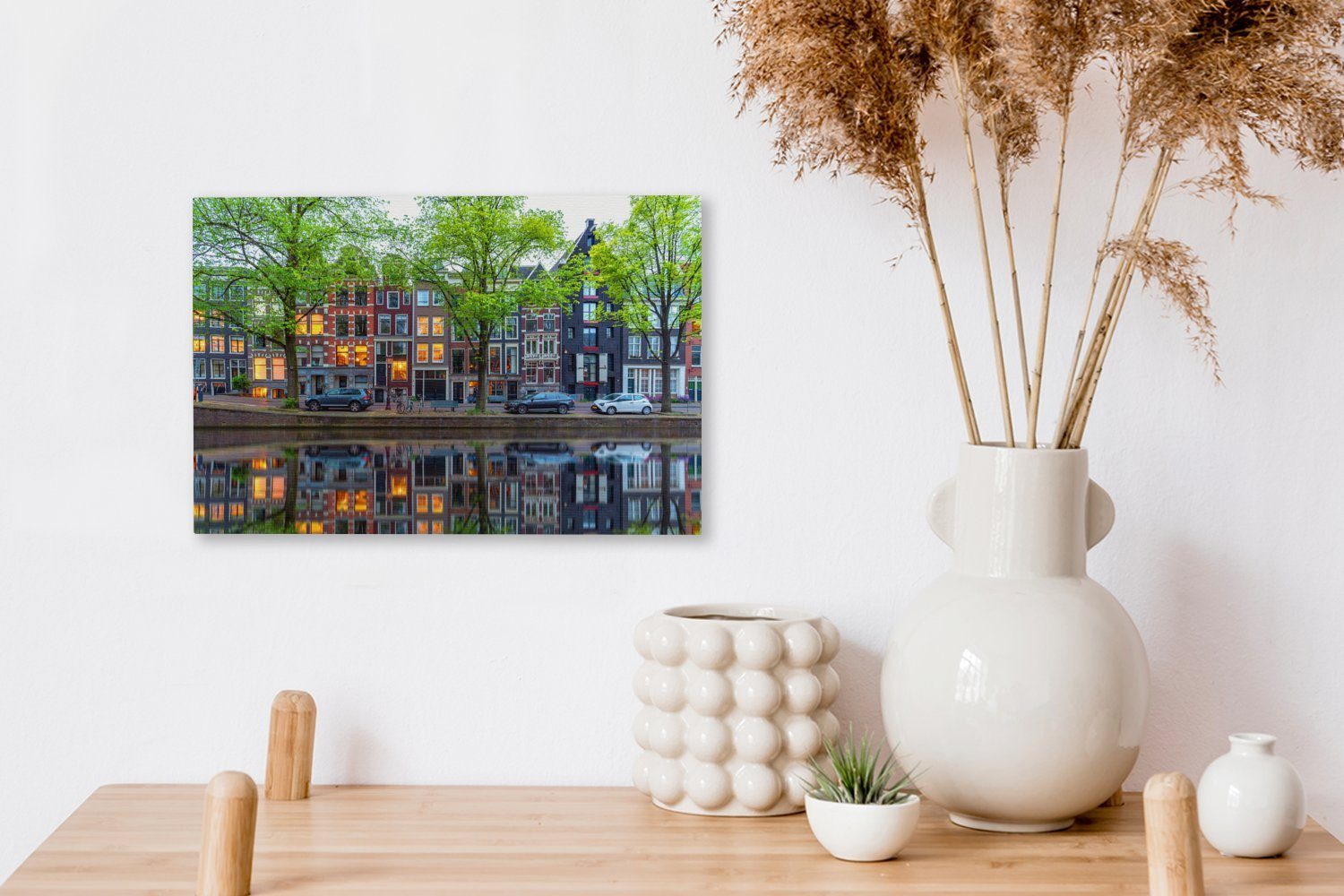 Wandbild Aufhängefertig, Amsterdam Wanddeko, Leinwandbilder, Grachtenhäuser, St), 30x20 Leinwandbild OneMillionCanvasses® - (1 cm - Wasser