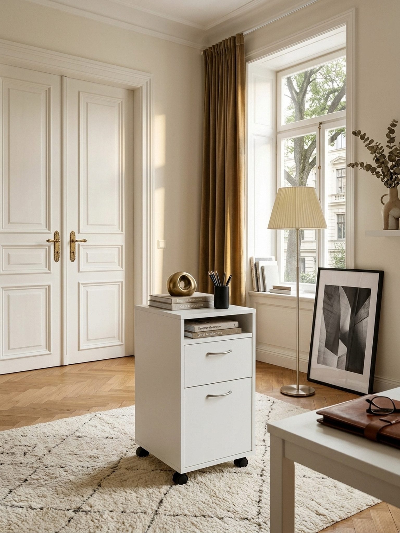 KADIMA DESIGN Rollcontainer Rollcontainer WL5.901 Weiß 33x63x38 cm Schreibtisch-Unterschrank, (Kleiner Schreibtischschrank mit Rollen), Holz, Roll-Kommode Modern, Bürocontainer Schubladenschrank mit Tür