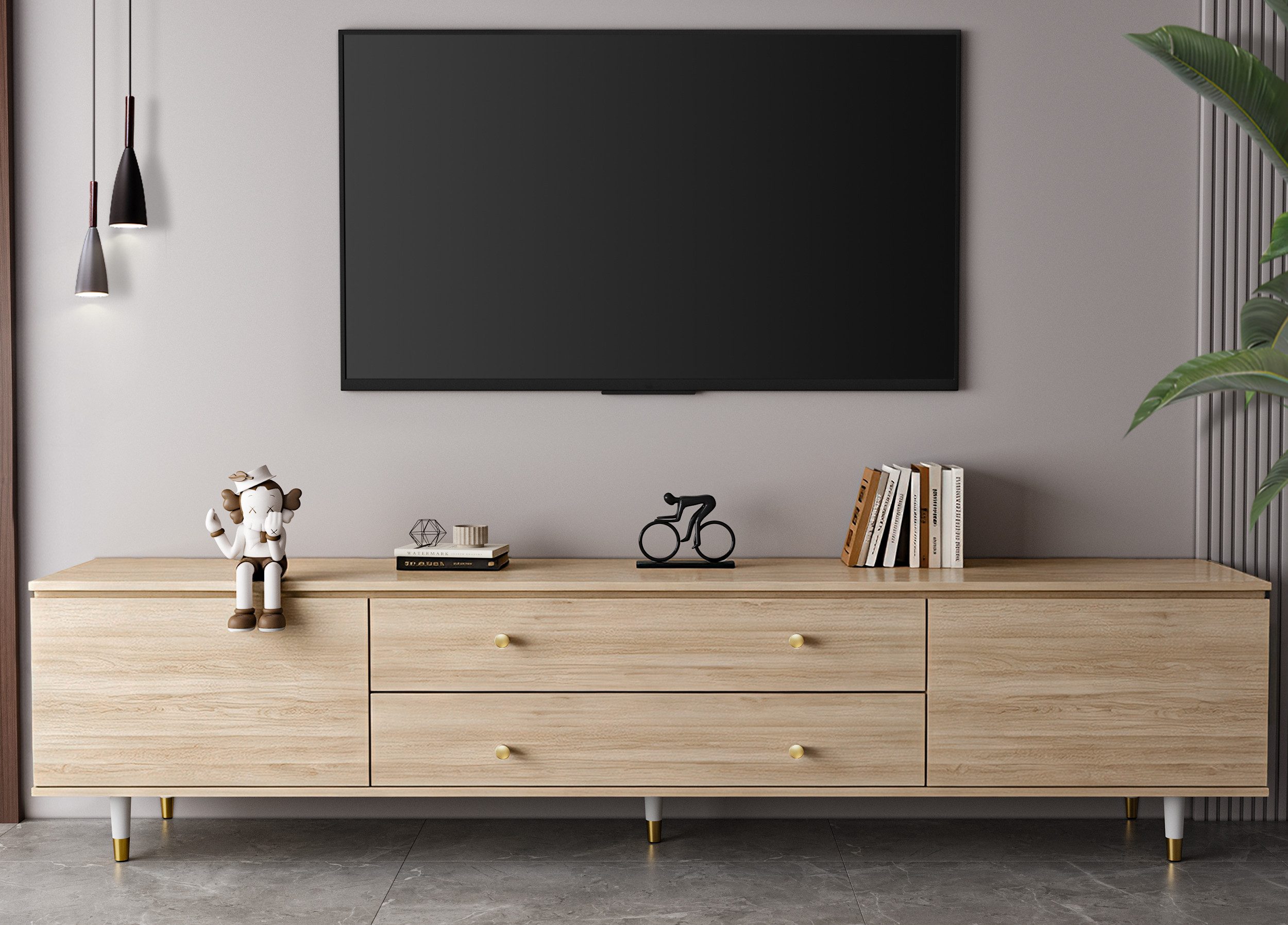 Lexzurn TV-Schrank Hängender TV-Schrank,175cm,Lowboard,Fernsehschrank (TV-Lowboard,TV-Möbel,Erfüllt den Umweltstandard E1,Gesamtabmessungen: 175*50*33cm,Schließfächer mit großer Kapazität, für Großbildfernseher bis 85, 4 Farben (Weiß/Beige/Holzoptik/Grau)