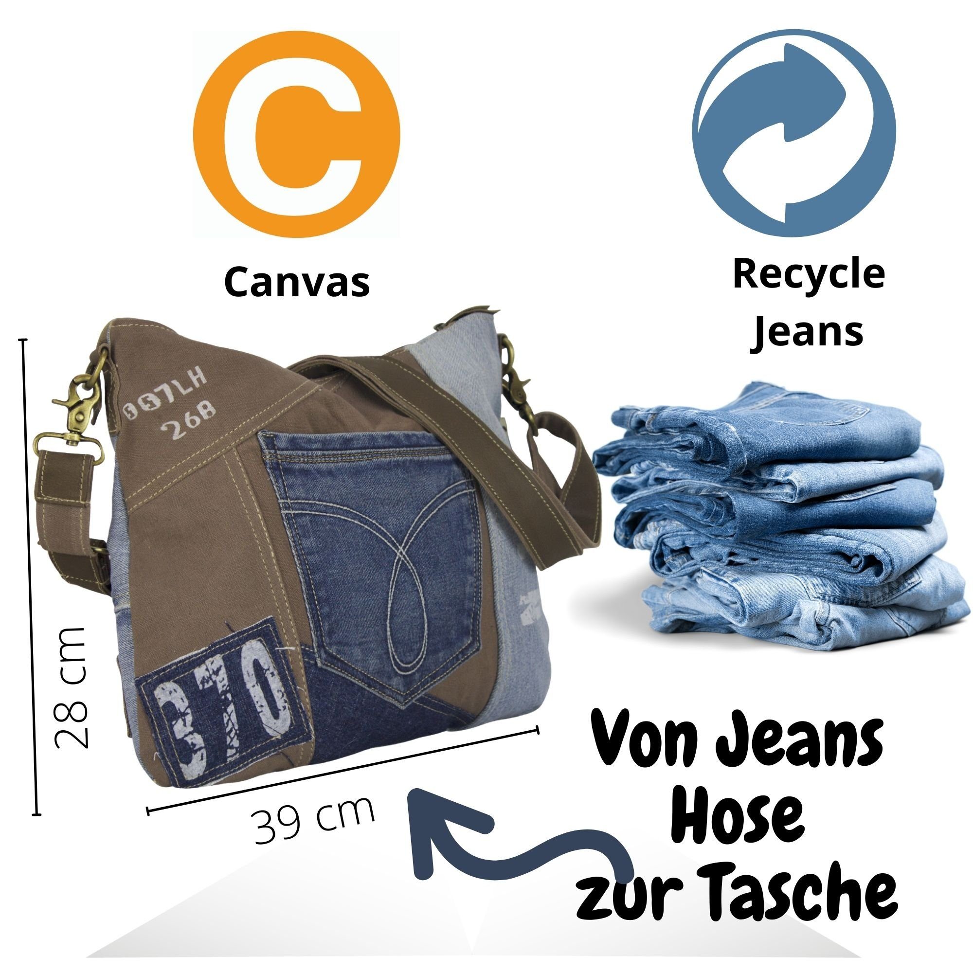 Sunsa Umhängetasche Nachhaltige Jeanstasche Crossbody Tasche Umhängetasche, Mit abnehmbaren Schulterriemen, recycelter Jeansstoff