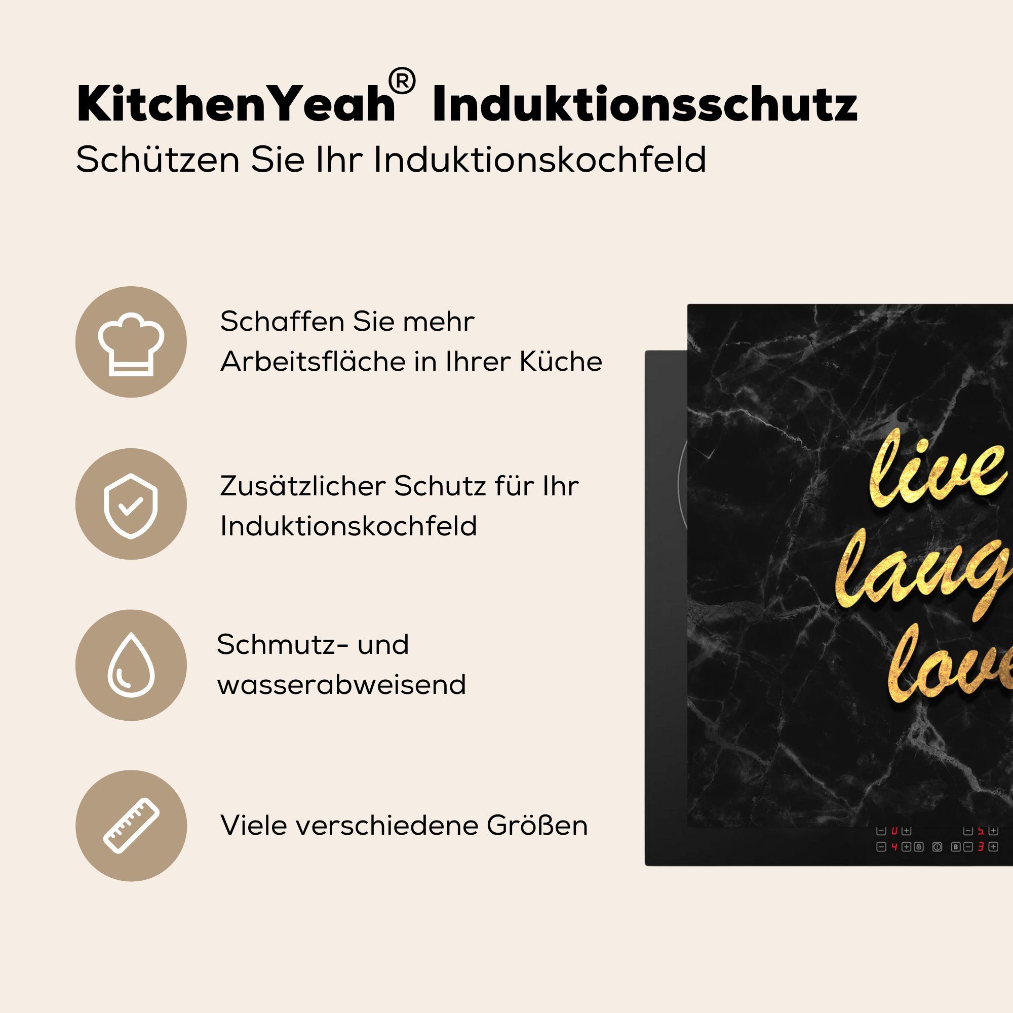 Ceranfeldabdeckung, cm, Vinyl, - Zitat für küche tlg), 78x78 - Arbeitsplatte - Liebe (1 MuchoWow Marmor Herdblende-/Abdeckplatte Gold,