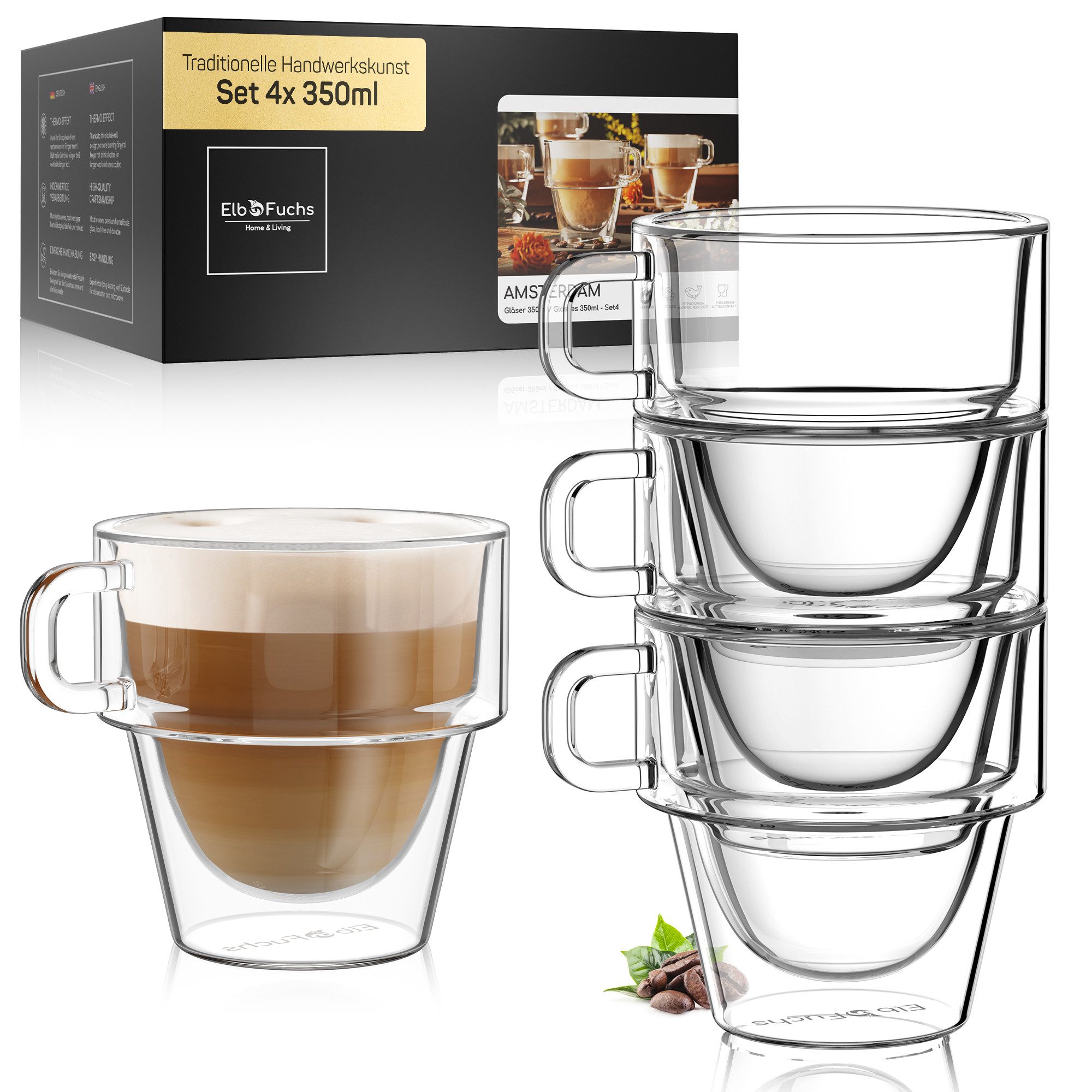 ElbFuchs Latte-Macchiato-Glas Amsterdam, 4-tlg., Doppelwandiger Thermoeffekt, Stapelbar, mit Henkel