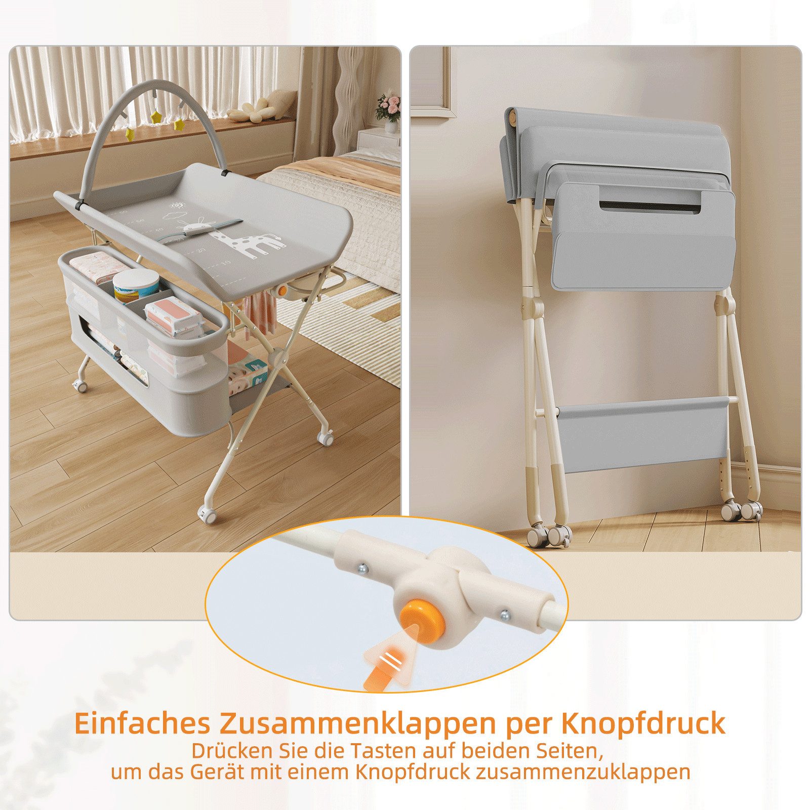 JEOBEST Wickeltisch Mobiler Baby Wickelkombi, 3 in 1 Wickeltisch Klappbar, (1-tlg) mit Sicherheitsgurt Aufbewahrungskorb und Kleiderstange – Bild 5 von 5