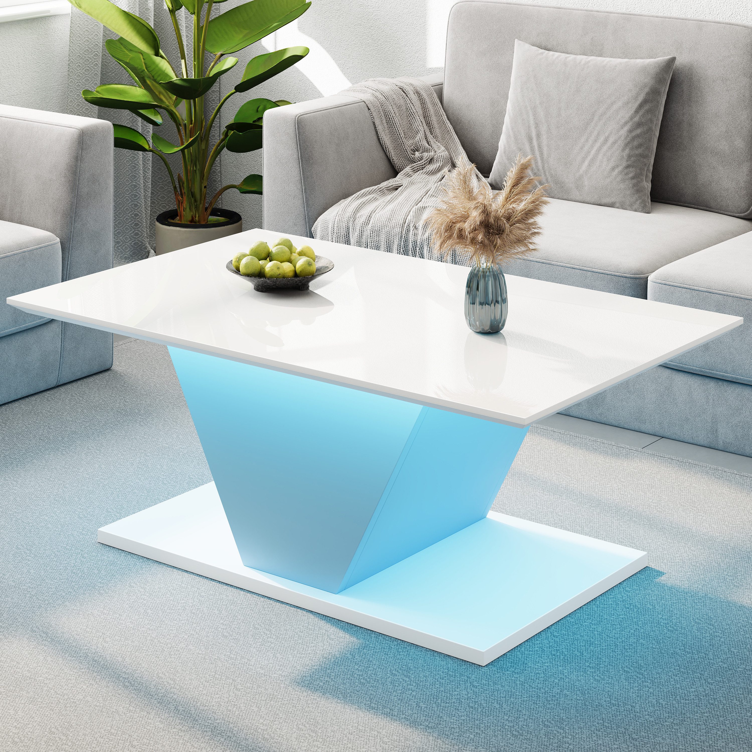 Merax Couchtisch V-förmiger Sofatisch Beistelltisch mit LED-Beleuchtung (1-St), Wohnzimmertisch Scandi Kaffetisch mit Hochglanz-Oberfläche,100x50x46cm