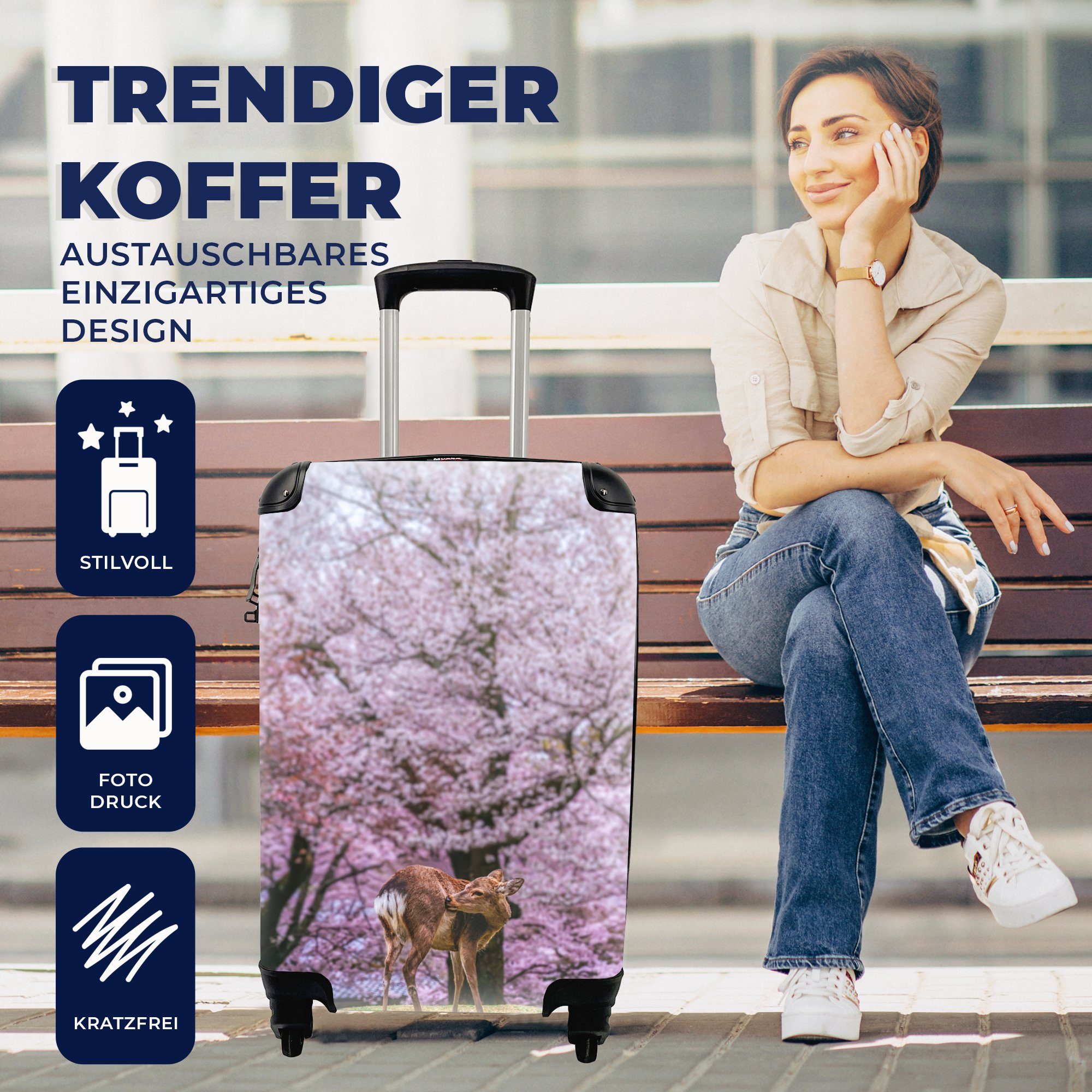 Handgepäck Ferien, Trolley, mit - Rosa 4 Hirsch Reisetasche - rollen, Blüte, Rollen, Handgepäckkoffer für MuchoWow Reisekoffer