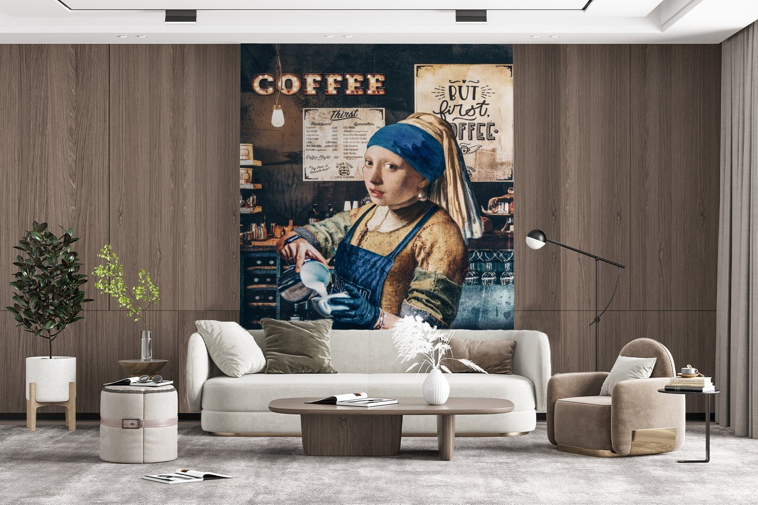 Barista St), MuchoWow (4 für Wohnzimmer, Tapete - bedruckt, Matt, Vinyl -, machen Kaffee Montagefertig Wandtapete Perlenohrring - Cappuccino mit Fototapete Mädchen -