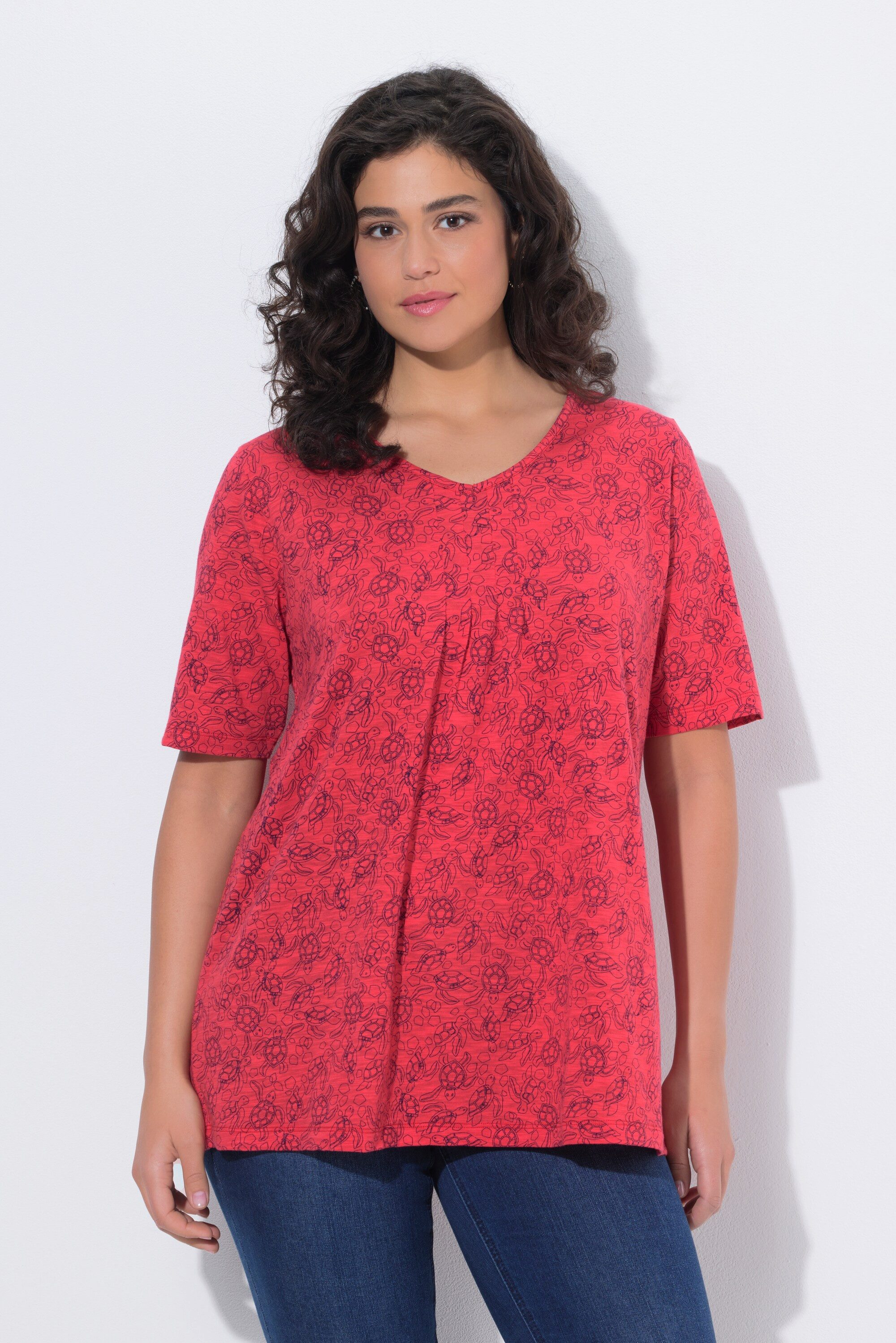 Ulla Popken T-Shirt T-Shirt Schildkröten A-Linie V-Ausschnitt Halbarm