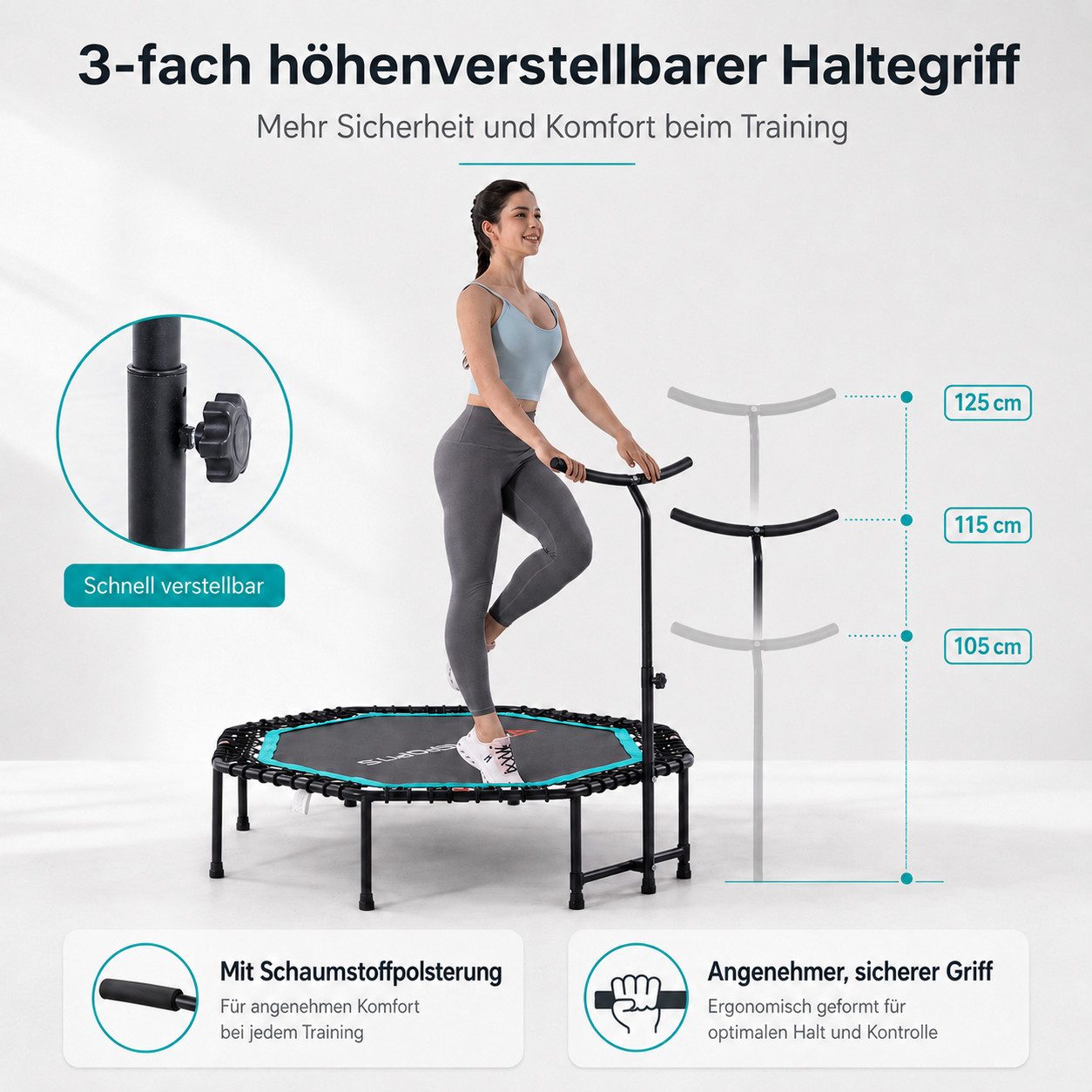 CITYSPORTS Fitnesstrampolin Mini-Trampolin mit Haltegriff 3-fach höhenverstellbar, Ø130cm, 8-Eck, 130 cm Rahmendiagonale, faltbar, bis 100 kg