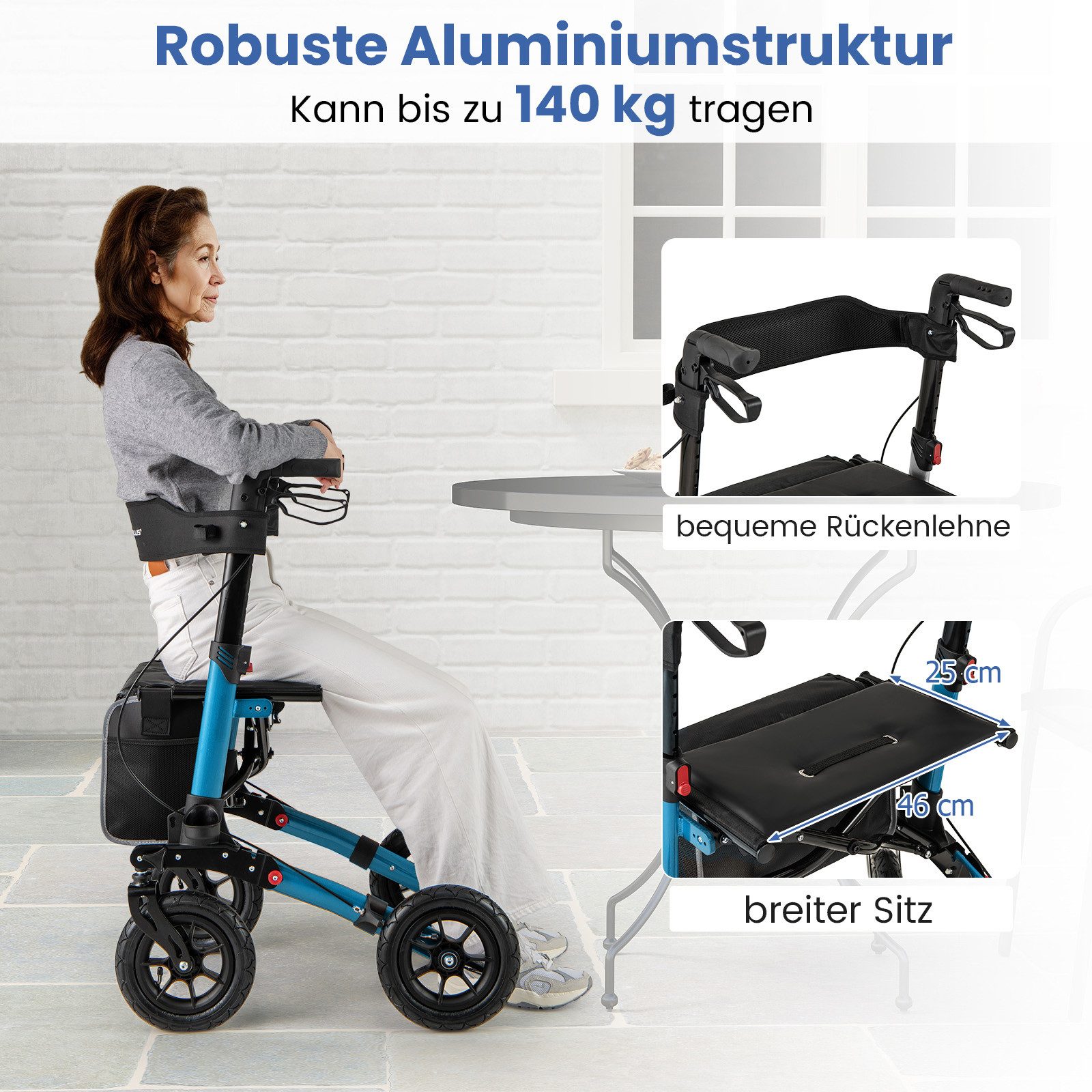 COSTWAY Rollator Gehhilfe mit Luftbereifung, Aluminium, bis 140 kg