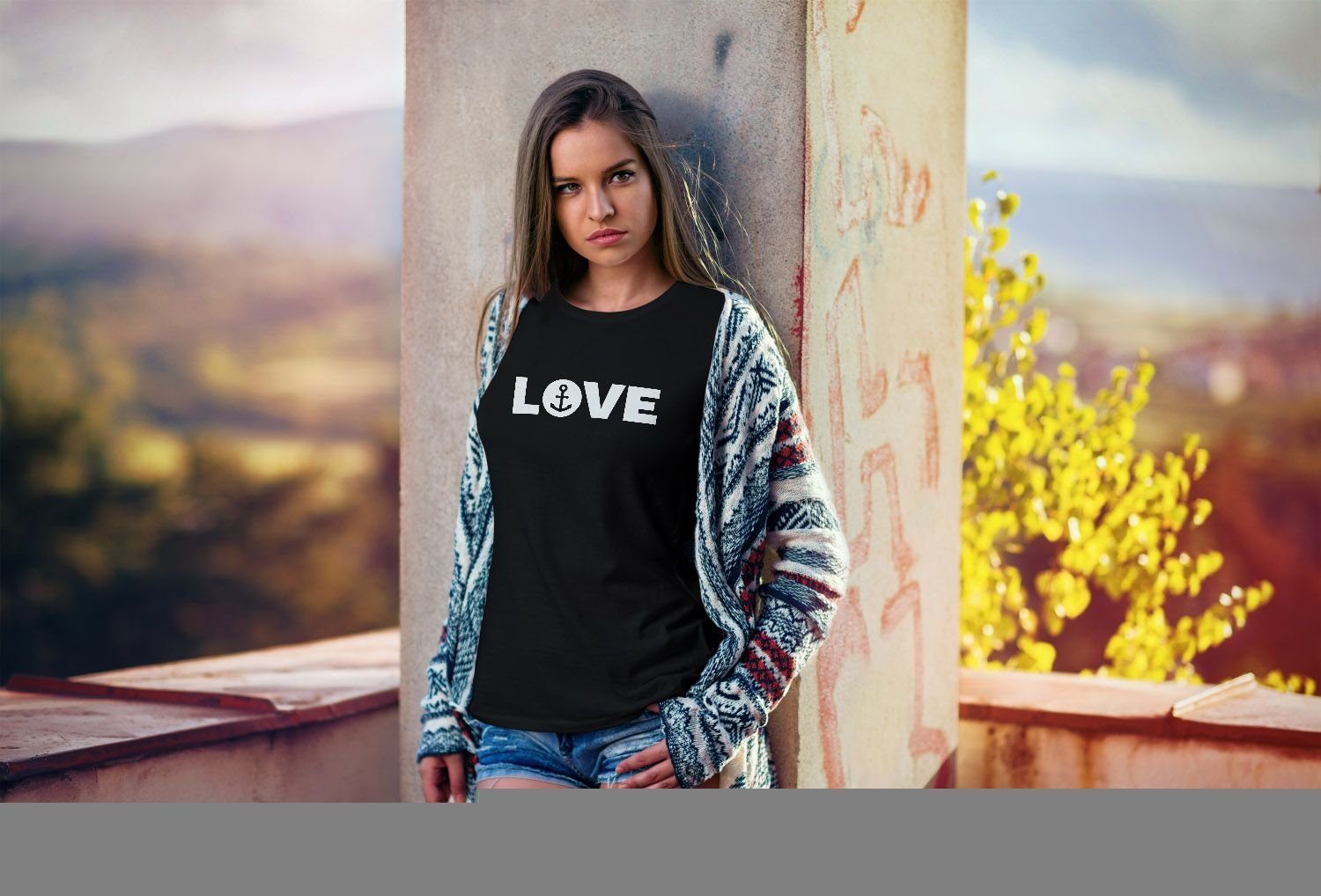 MoonWorks Print-Shirt Damen T-Shirt Aufdruck Love Anker Liebe Statement Botschaft Print maritim Frauen Fun-Shirt Moonworks® mit Print
