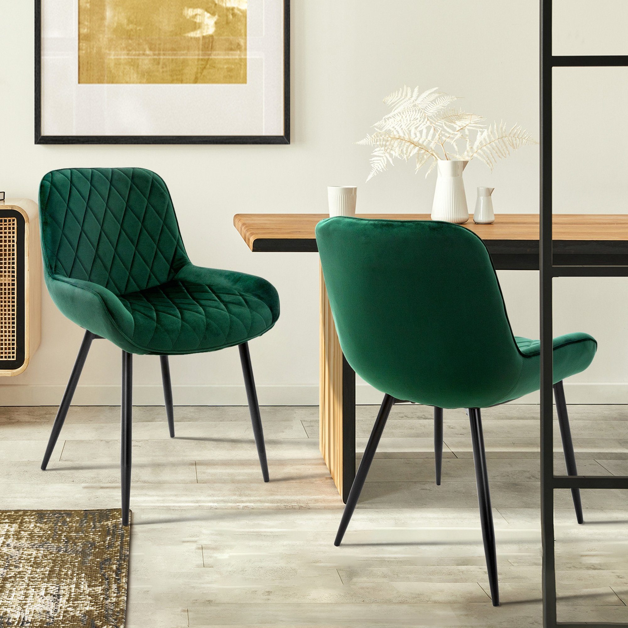 ML-DESIGN Stuhl Esszimmerstühle Set mit Rücken und Armlehnen Polster Küchenstühle (2 St), 2x Küchenstühle Dunkelgrün 54x60x84cm aus Samt mit Metallbeine