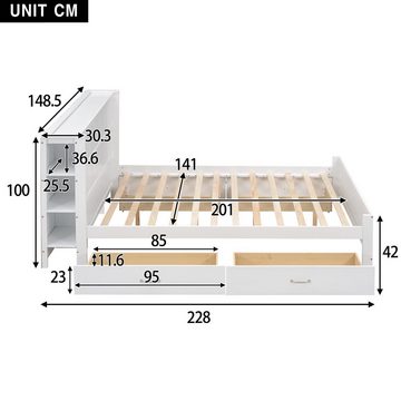 Gotagee Massivholzbett 140x200cm Plattformbett Doppelbett mit Stauraum Weiß Massivholzbett