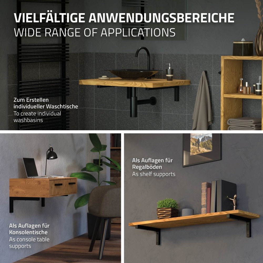 ML-DESIGN Wandregalhalter Wandkonsole Set für Waschtisch aus Stahl Regalhalter, 2-tlg., Regalwinkel L-Form Schwarz Konsolenträger Regalträger Halterung – Bild 4 von 5