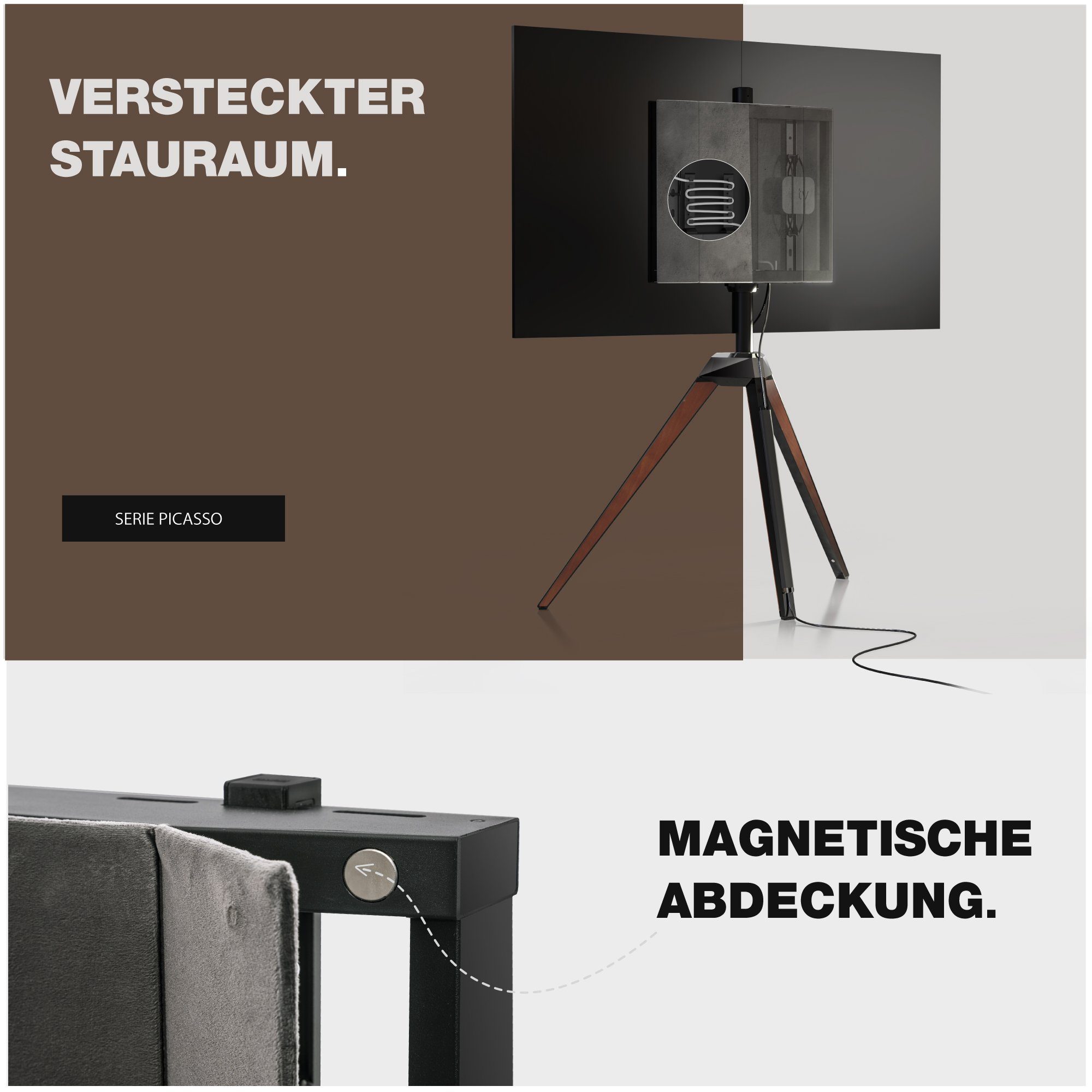 FITUEYES TV-Ständer aus Massivholz, höhenverstellbar, ±20° schwenkbar, 32-65 Zoll, (bis 65,00 Zoll, im Staffelei Design, mit Magnetverschluss) – Bild 4 von 5