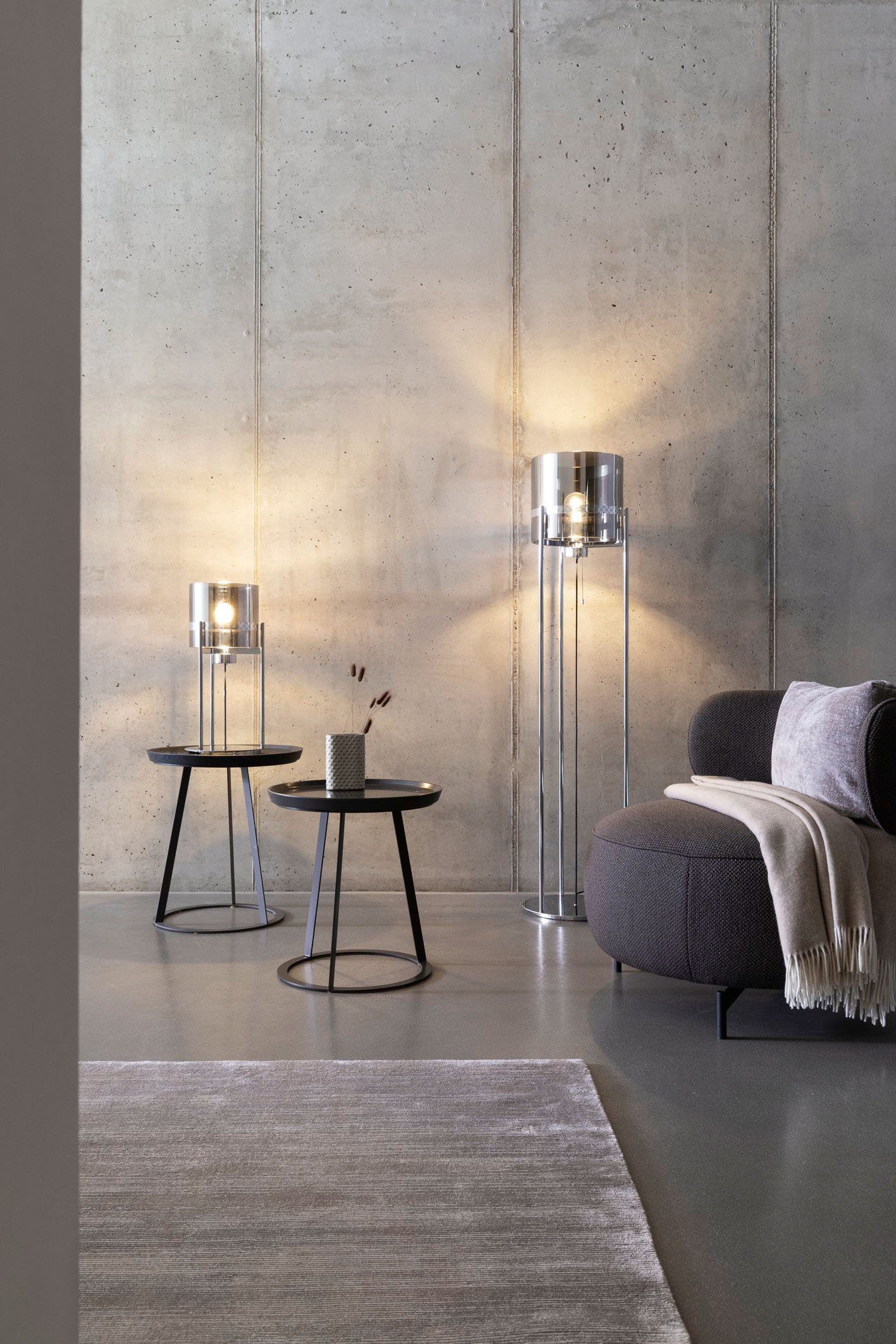 Joop! Stehlampe Fumé-Glasschirm eingelassenem mit Leuchtmittel, rundem LIGHTS, ohne und Warmweiß, ROUND Metall-Dekorband