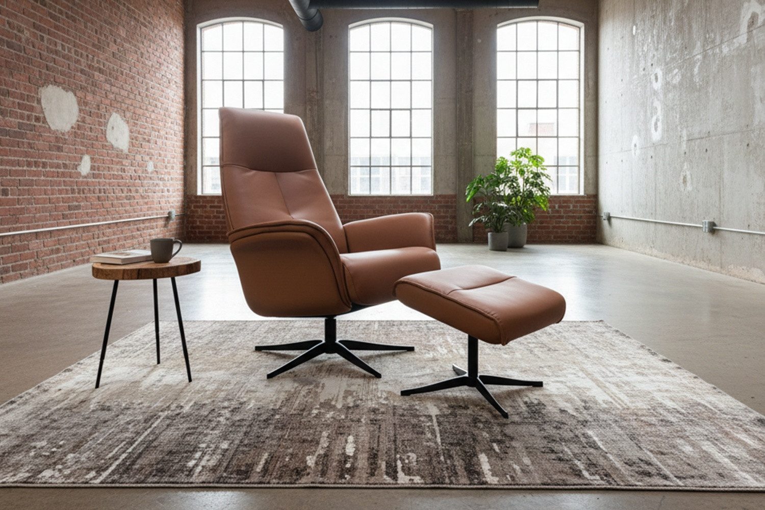 KAWOLA Relaxsessel JOSIANE Leder braun Komfort Drehsessel – Bequem, 360° drehbar, Relaxfunktion, Kopfstütze, inklusive Fußhocker