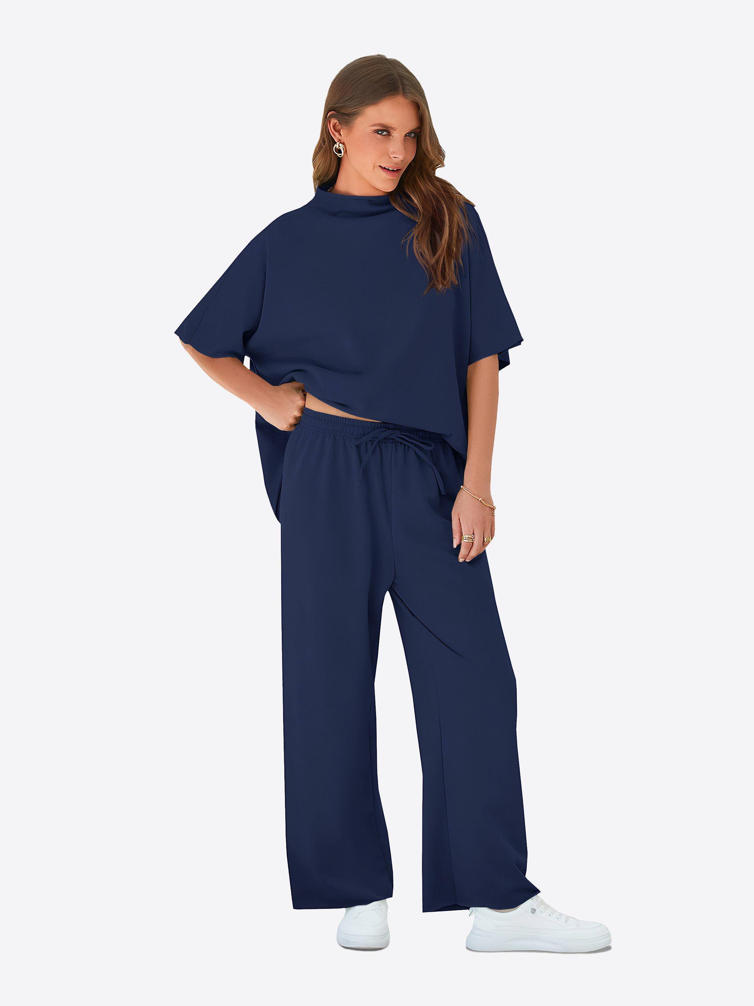 Imily Bela Hausanzug Damen Lounge-Set (Set, 2 tlg., Pullover-Oberteil mit 3/4-Fledermausärmeln + weite Hosen) Einfarbig