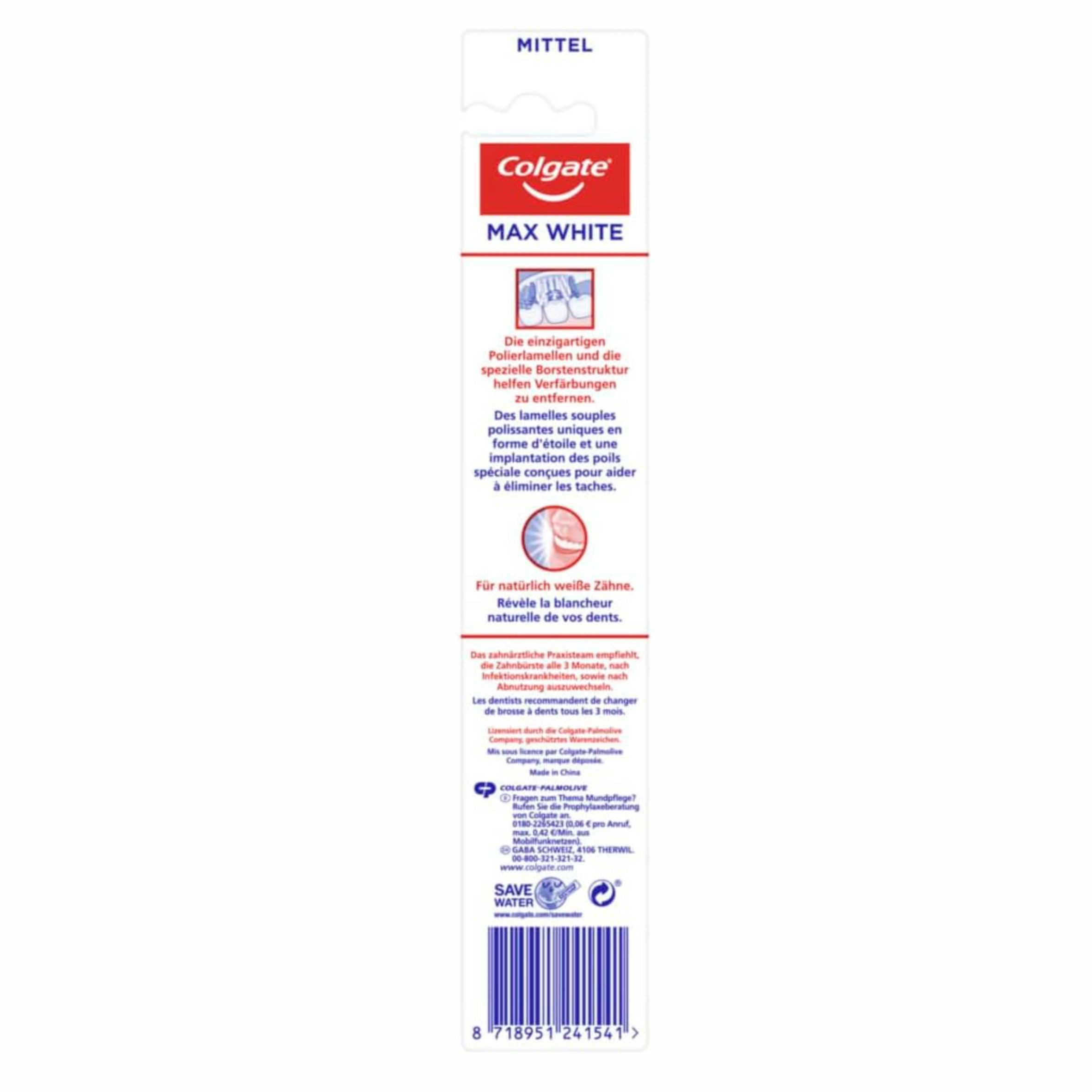 Colgate Zahnbürste 1x Zahnbürste Max White, mittelhart, Handzahnbürste für natürlich weiße Zähne, mit mittelharten Borsten