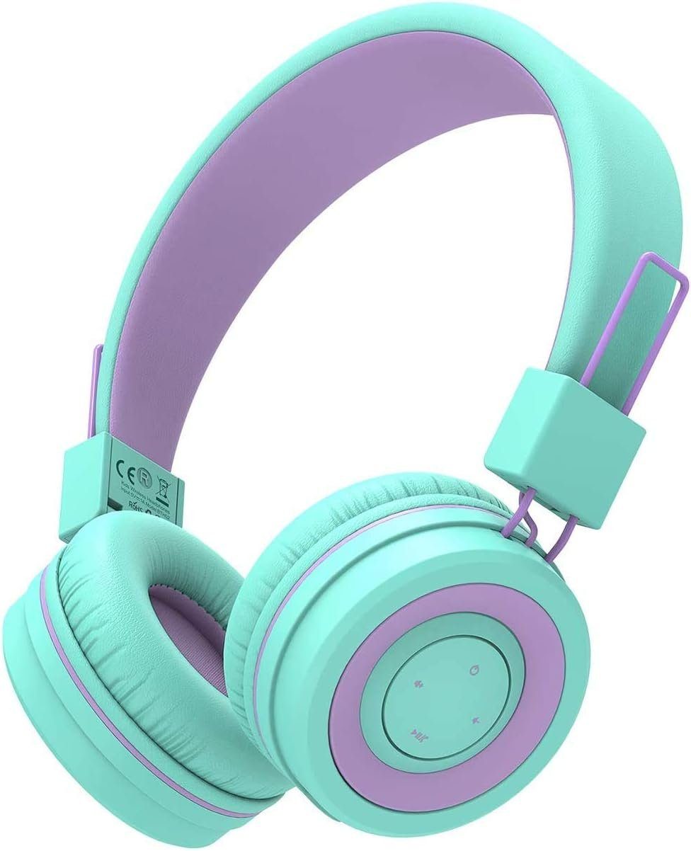 iclever BTH02 Kopfhörer für Kinder mit MIC On-Ear-Kopfhörer (Bluetooth, Verstellbares Stirnband, Faltbar, Kinderkopfhörer am Ohr für Schule) grün lila
