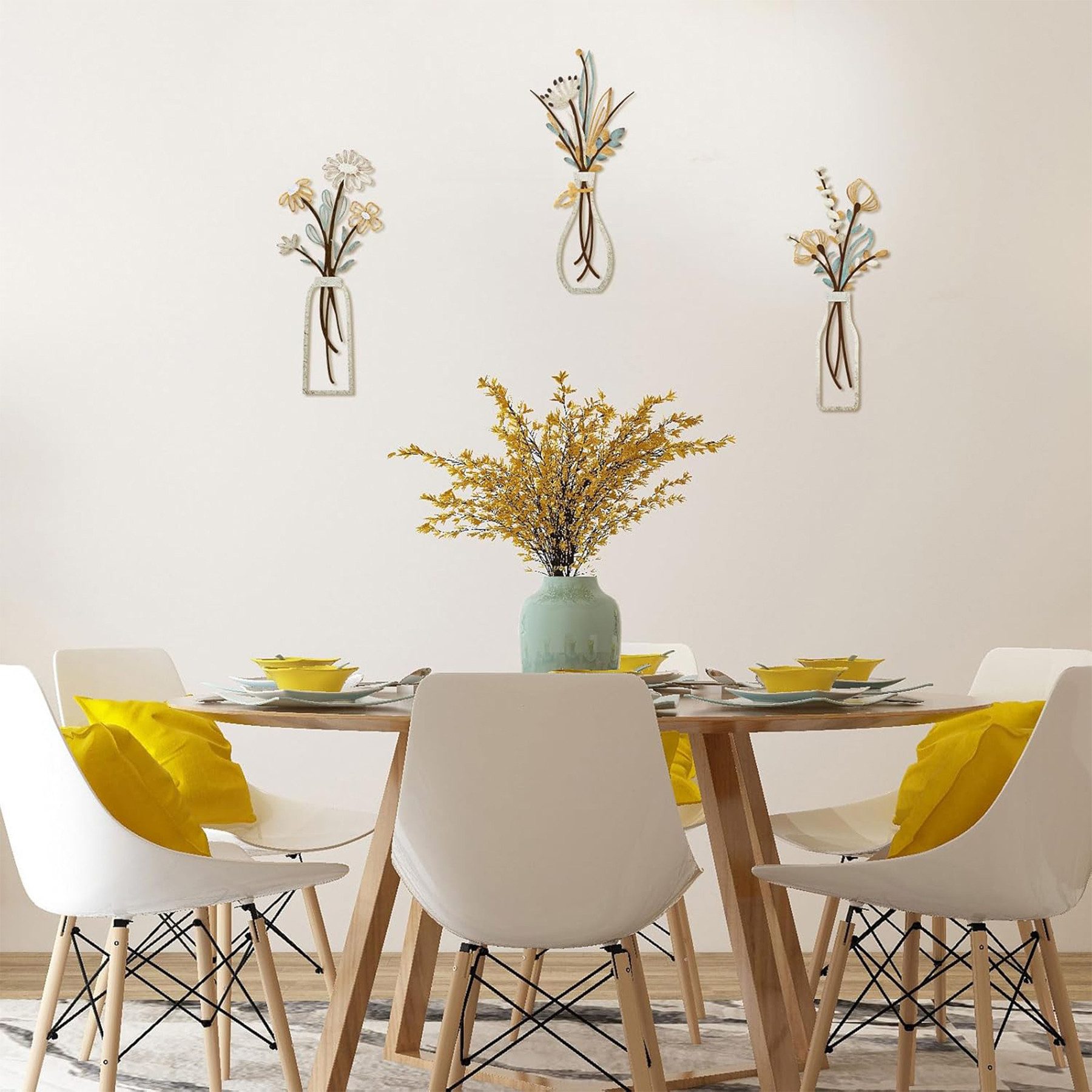 Mutig Wanddekoobjekt 3 Stück Metall Blumen Wanddekoration, Bunte Metall Blumen Wandskulptur (Minimalistische Vase Wandkunst, 35 x 15 cm), für Terrasse Wohnzimmer Badezimmer Schlafzimmer Esszimmer Dekorationen