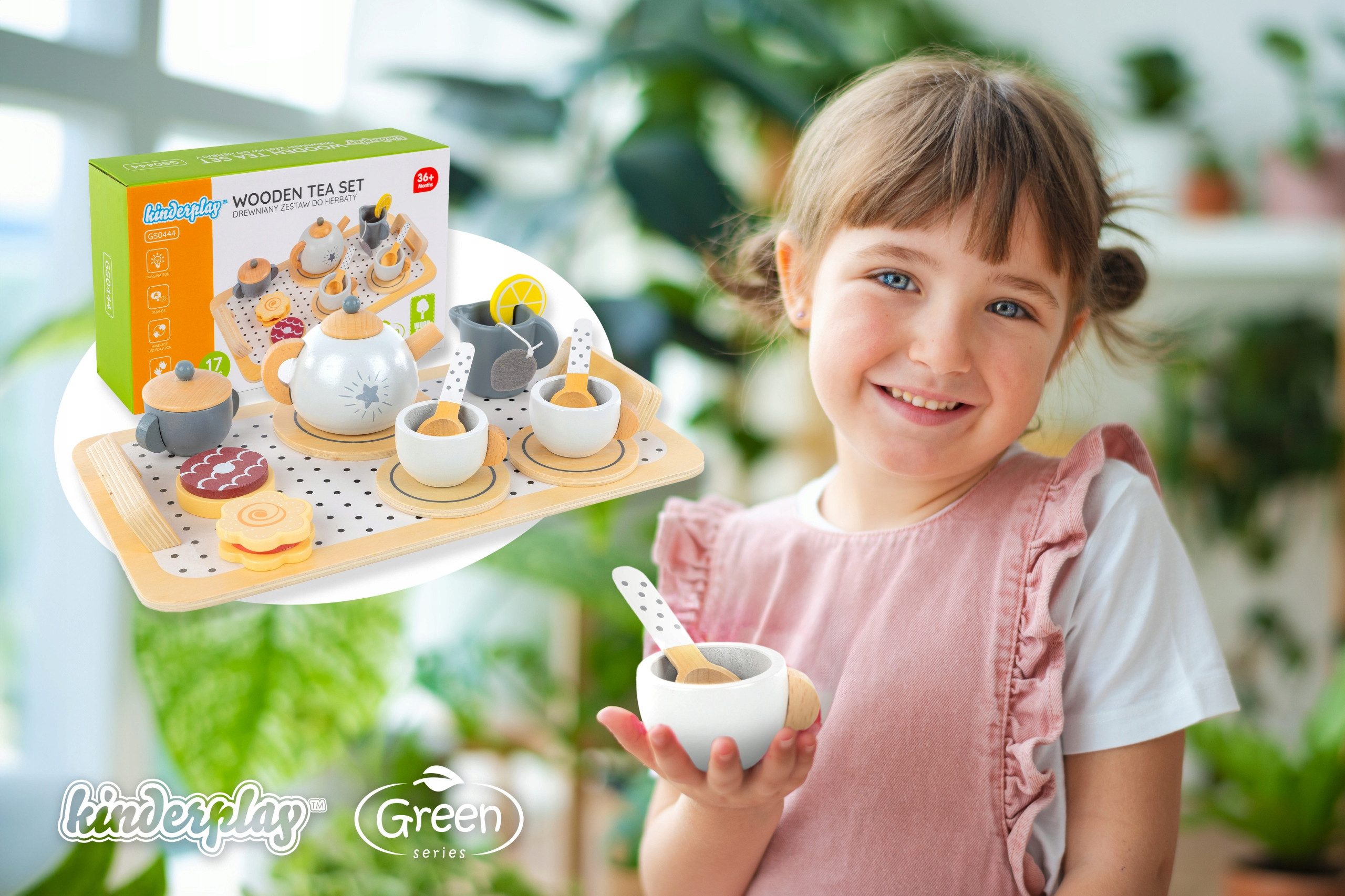 Green Series Spielküche Holz Tee Set für Kinder – 17-teilig – Rollenspiel – Pastellfarben Holz, aus Holz