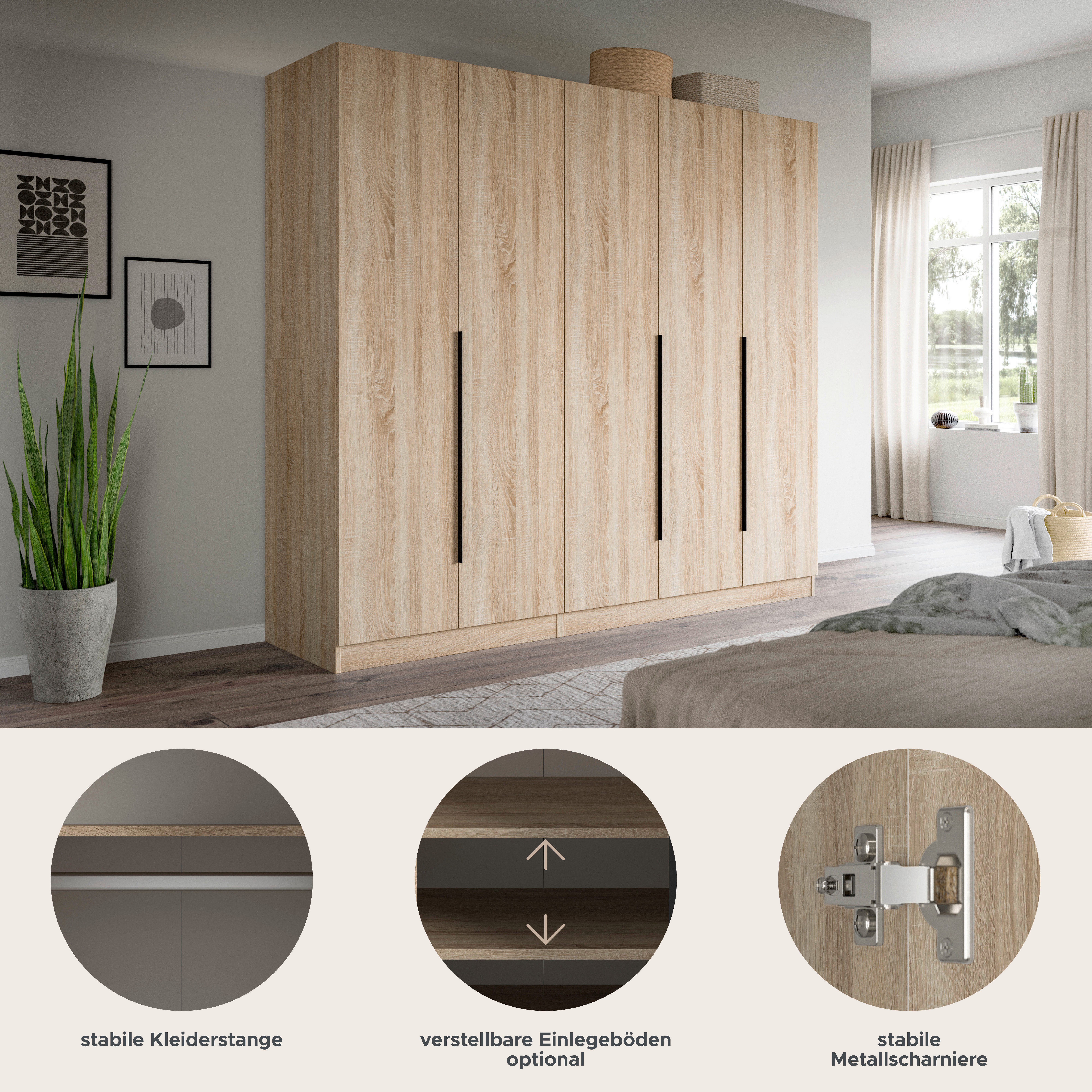 Home affaire Schrank-Set Skarde moderner Kleiderschrank Schlafzimmerschrank, (1-St., wähle deine beste Schrank Kombination), Skarde Kleiderschrank 200 cm, 2 Kleiderstangen und 5 Böden