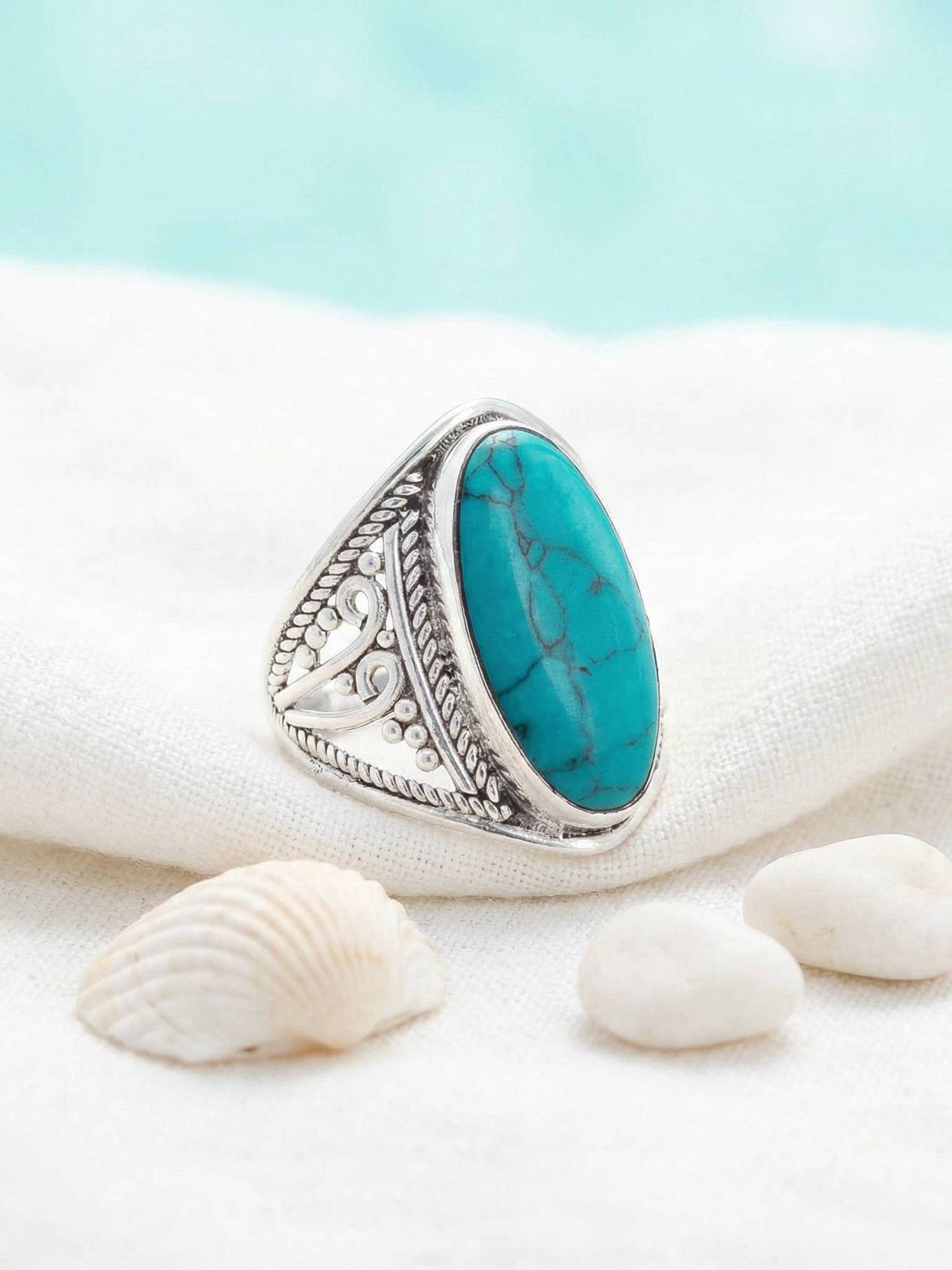 mantraroma Silberring DAHAB oval groß aus 925 Silber mit Türkis (Ring mit Schmuckbeutel), Damenring aus 925er Silber