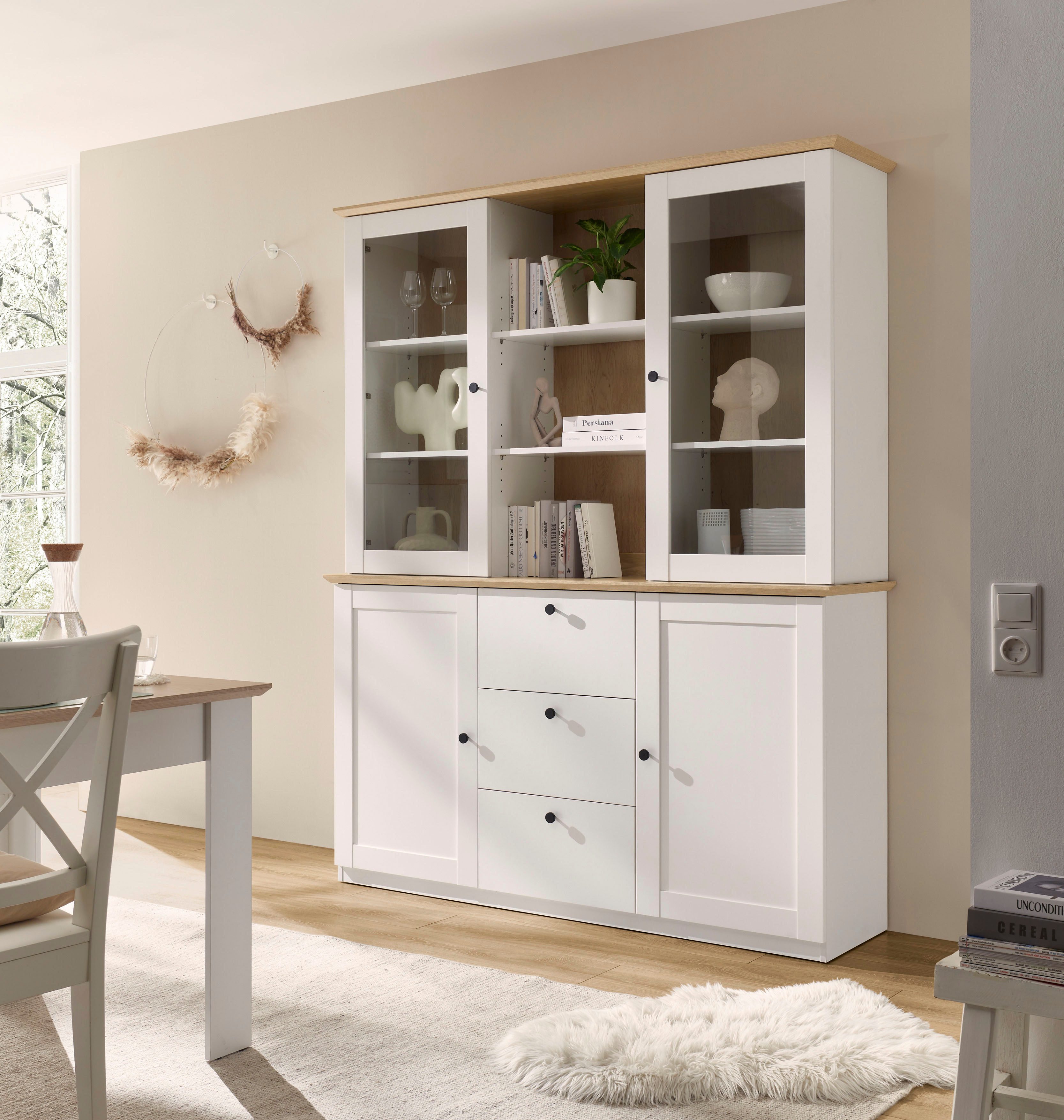 OTTO home Buffet Brest, Hochschrank im Landhausstil, Schrank, Küchenschrank schwarze Metallgriffe, viel Stauraum, Glastüren, 164 cm breit
