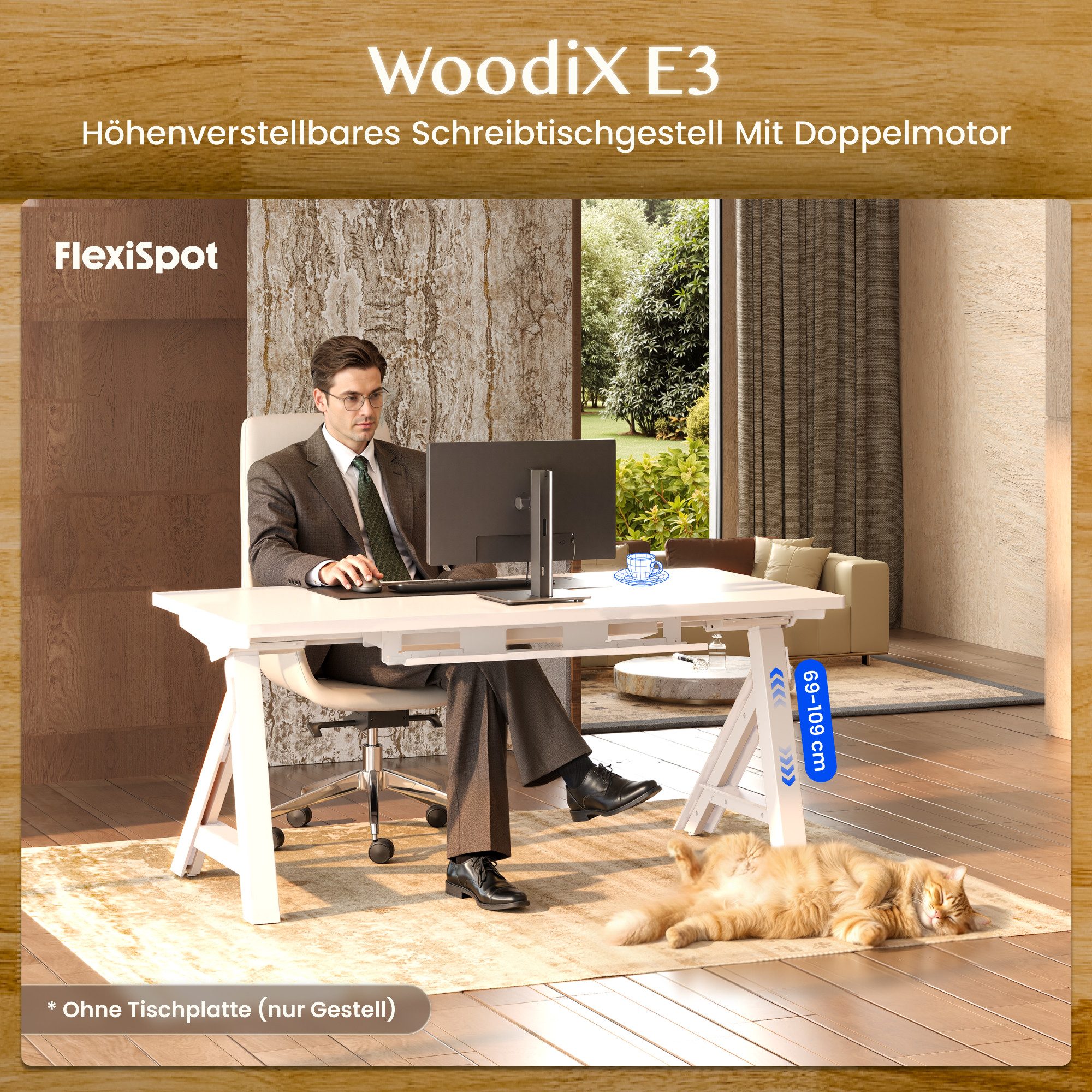 FLEXISPOT Schreibtisch Premium Höhenverstellbarer Schreibtisch mit A-Fuß (69–109 cm, 100 kg Belastbarkeit, Kabelmanagement & Kollisionsschutz), mit Massivholz-Optik, FlexiSpot WoodiX