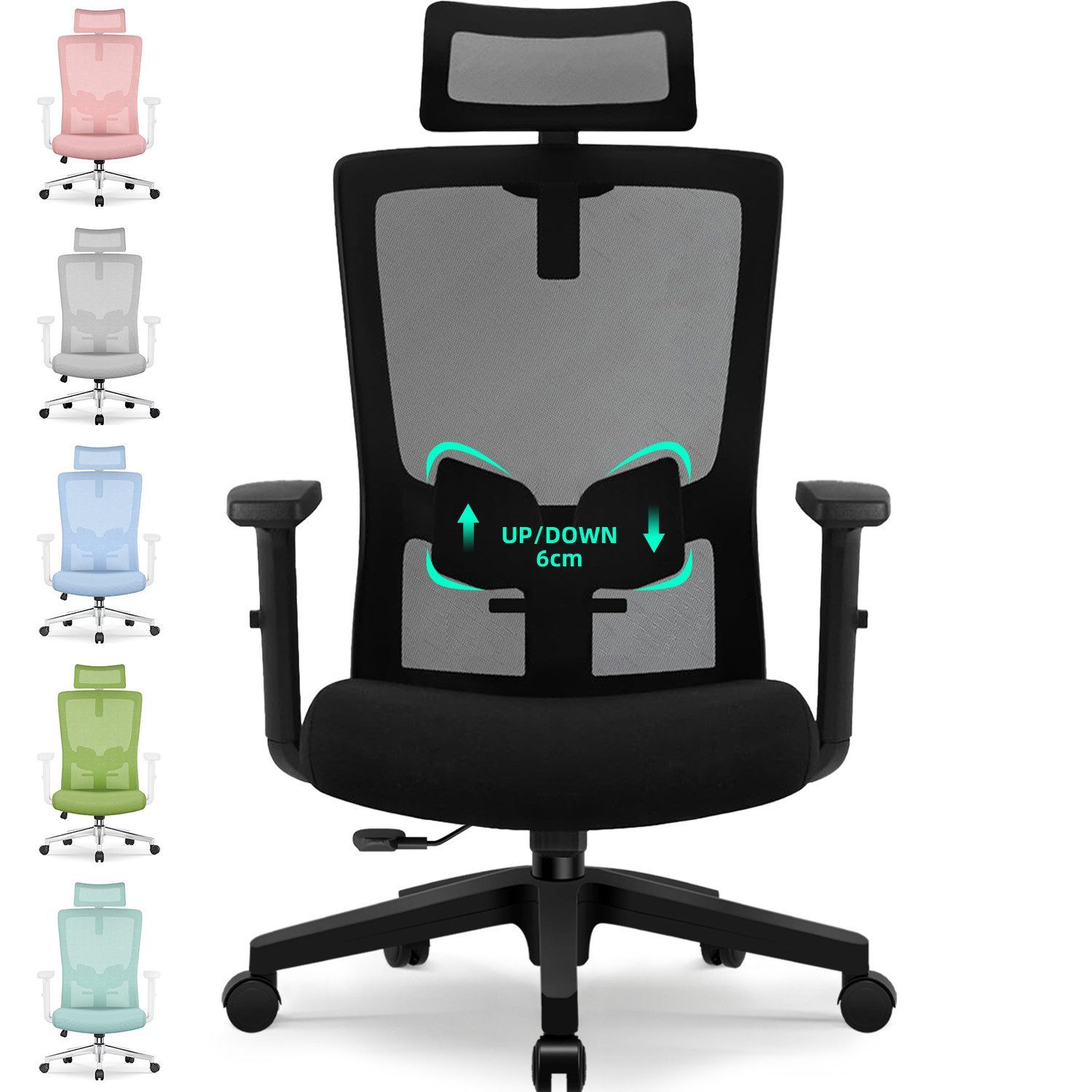 Adormii Bürostuhl Ergonomischer Bürostuhl, Schreibtischstuhl Для шефа (Drehstuhl 360°mit Verstellbarer Kopfstütze, Lendenwirbelstütze und Verstellbarer Armlehnen, Computerstuhl, Wippfunktion bis 135), Höhenverstellbar, Atmungsaktiver Netzbezug, 150KG Belastbarkeit
