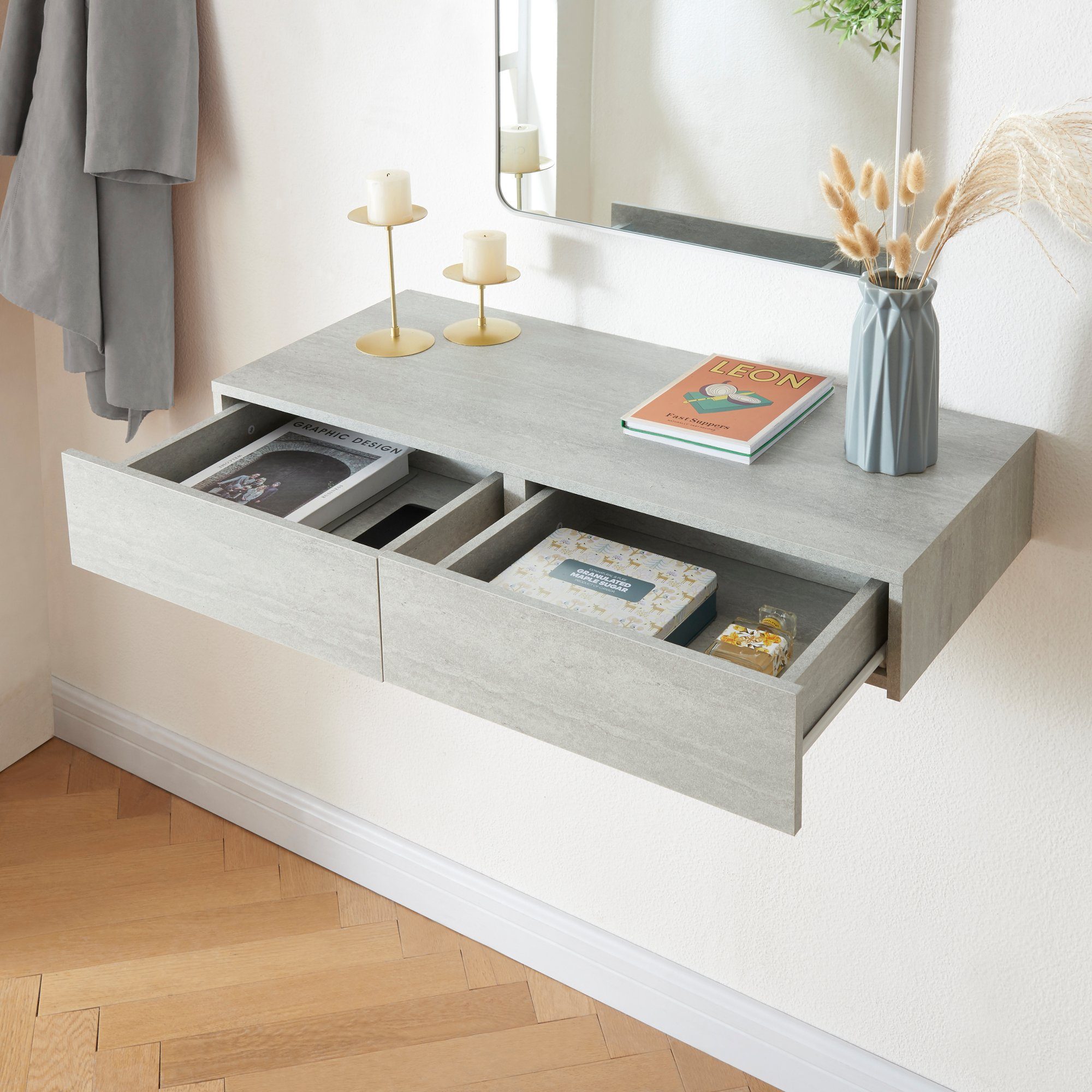 en.casa Wandregal, »Karstula« mit Schublade Betonoptik günstig online kaufen