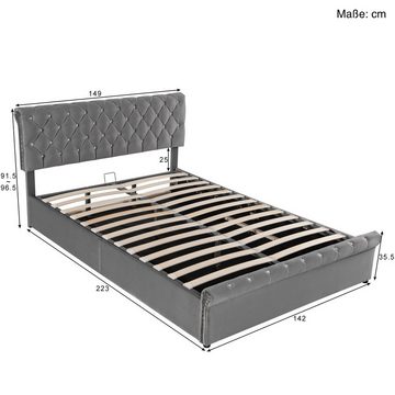 SOFTWEARY Polsterbett Doppelbett mit Lattenrost und Bettkasten, 140x200 cm, gepolsterter Kopfteil höhenverstellbar, Bezug aus Samt