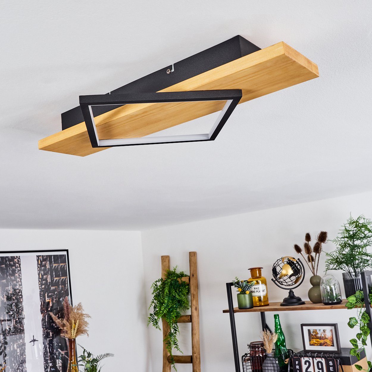 hofstein Deckenleuchte »Palermo« Deckenlampe aus Metall/Holz/Kunststoff in Schwarz/Natur/Weiß, 3000 Kelvin, eckige Leuchte mit Balken aus Echtholz, LED 22, 5 Wa – Bild 5 von 5