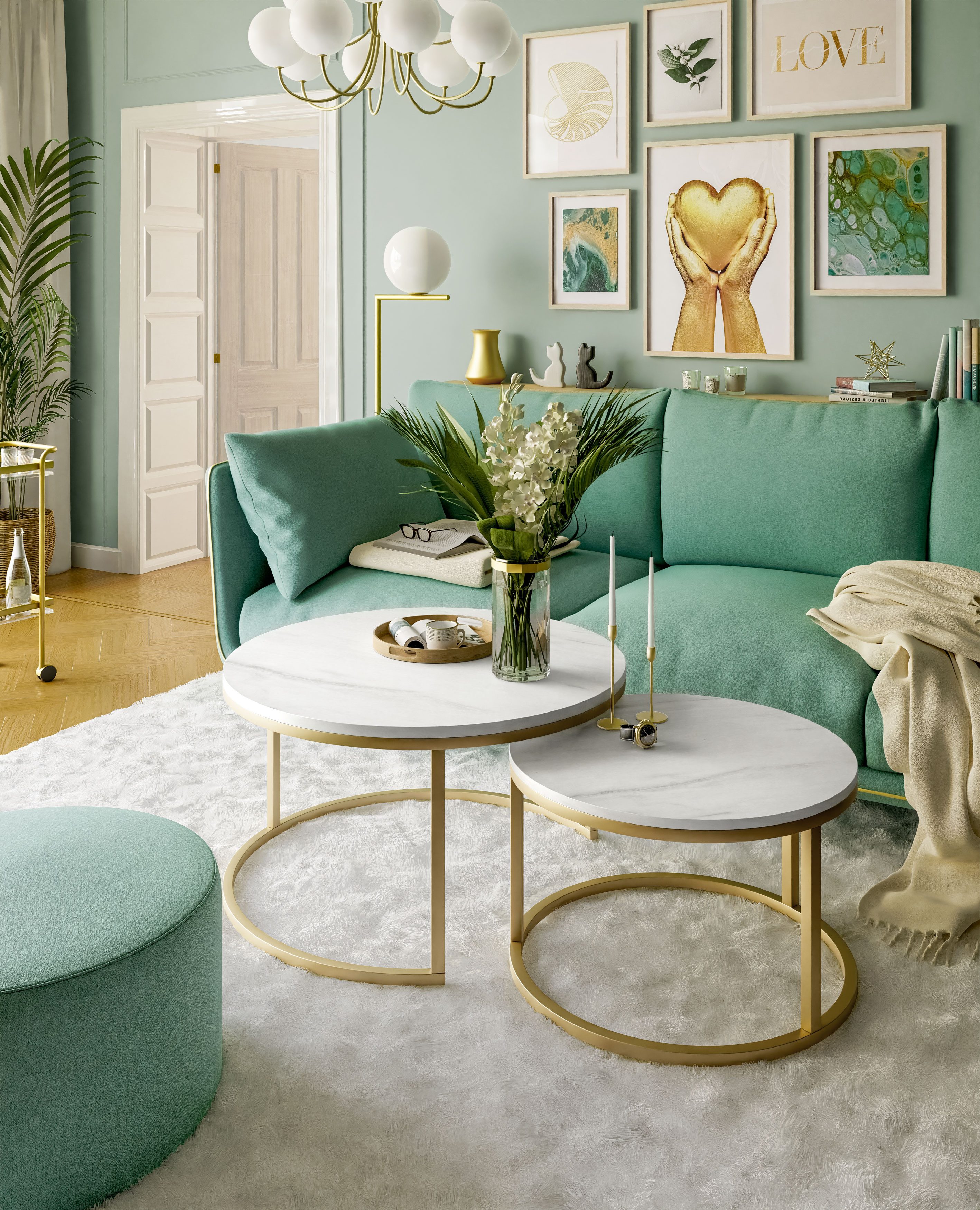 Lookway Couchtisch CIRI 2in1 LEVANTO mit goldmattem Gestell, runder Couchtisch (2er Set), Durchmesser: ⌀70 cm & ⌀50 cm und Durchmesser: ⌀80 cm & ⌀60 cm