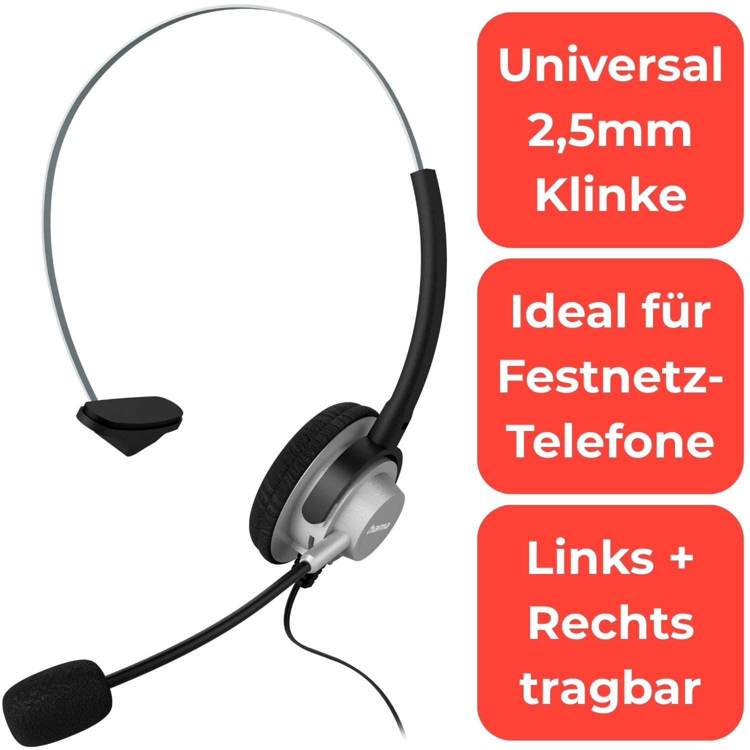 Hama Mono Headset Kopfhörer 2,5mm Klinke Kopfbügel Smartphone-Headset (Universal, Mikrofon, Lautstärkeregelung, etc, Kein, Universal Klinken-Stecker passend für Gigaset DECT Telefon Festnetz)