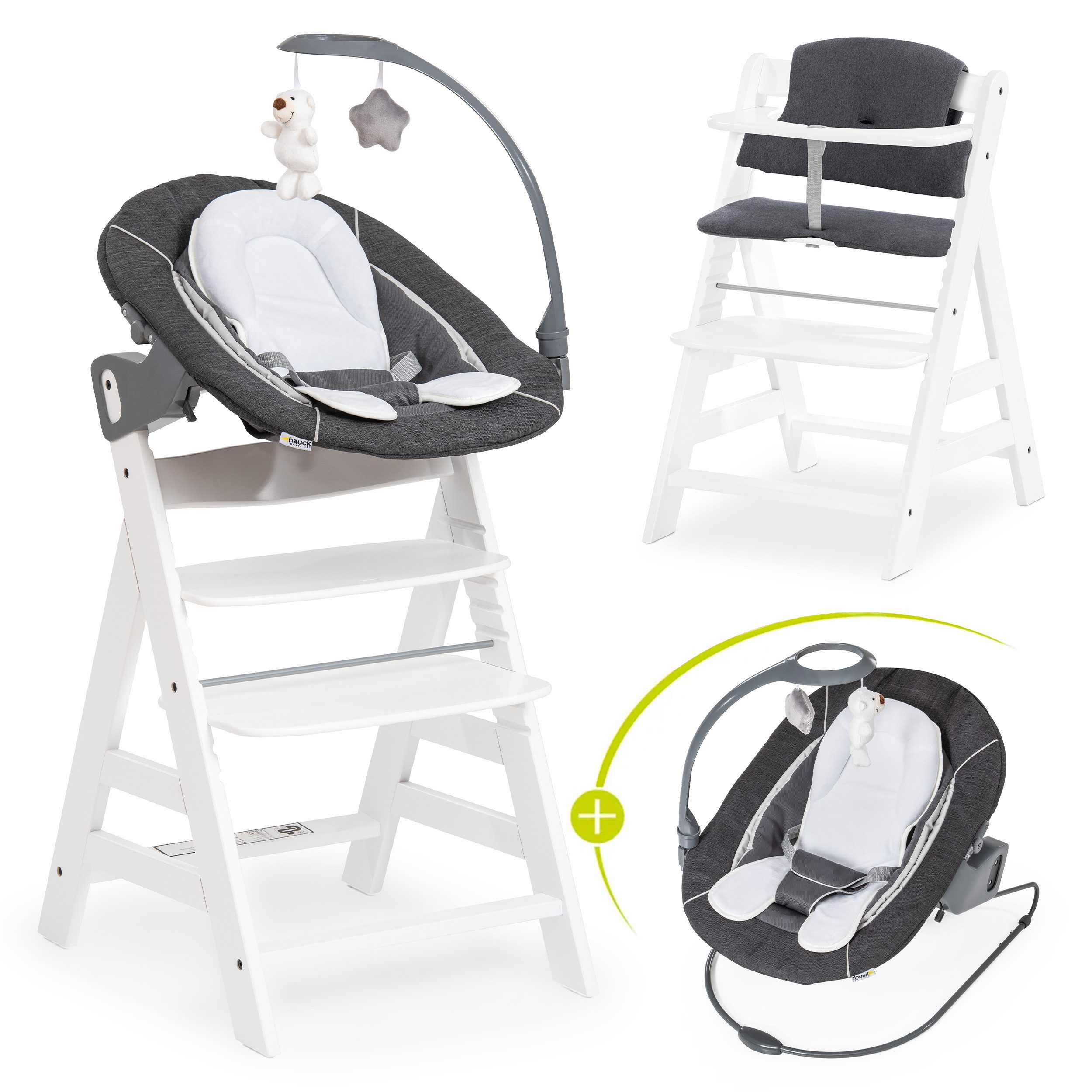 Hauck Hochstuhl Alpha Plus Newborn Set Deluxe - White, Holz Babyhochstuhl ab Geburt inkl. Neugeborenen Aufsatz & Sitzauflage