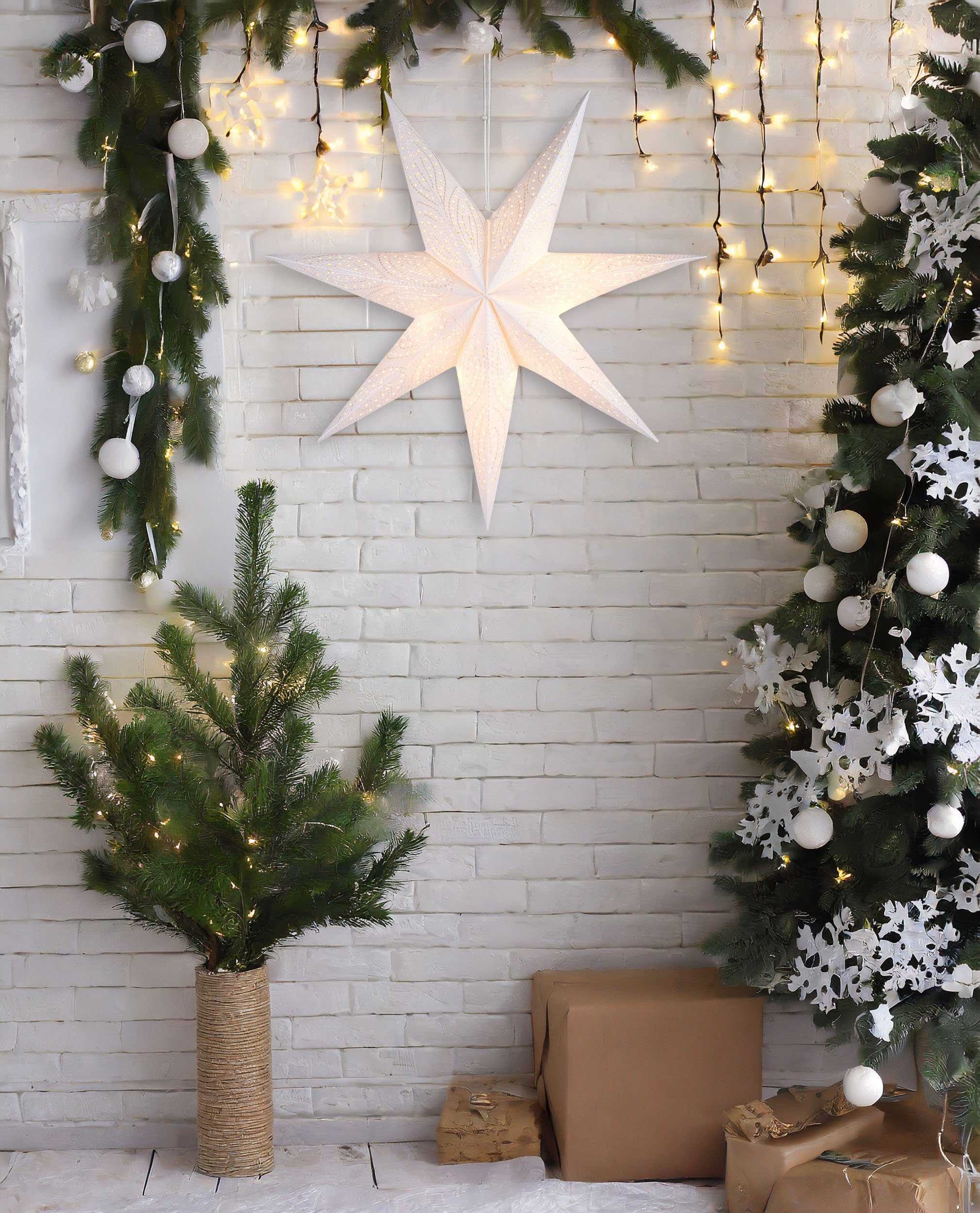 BRUBAKER LED Stern 60 cm Papier Weihnachtsstern zum Aufhängen - LED Adventsstern, Hängender Leuchtstern - Beleuchtbar mit Batterie, LED fest integriert, Warmweiß, Weihnachtsdeko für Fenster - 3D Papierstern mit Timer-Funktion