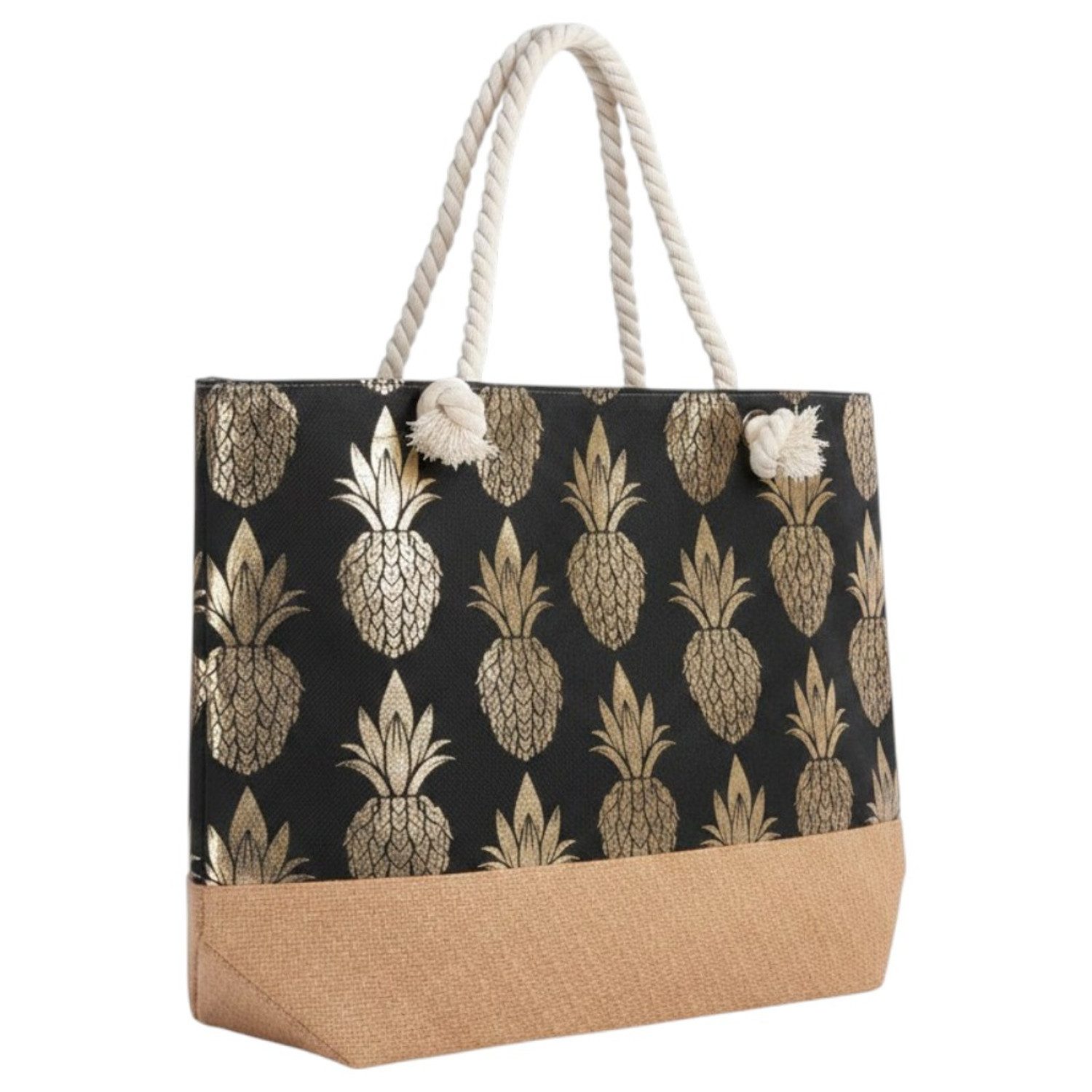 KARMA Strandtasche Damen Ananas Schwarz Gold 55 cm (1-tlg., Tasche für Strand, Urlaub, Pool, See, Sommer, Freizeit, Shopper), Badetasche mit Reißverschluss Polyester Innentasche