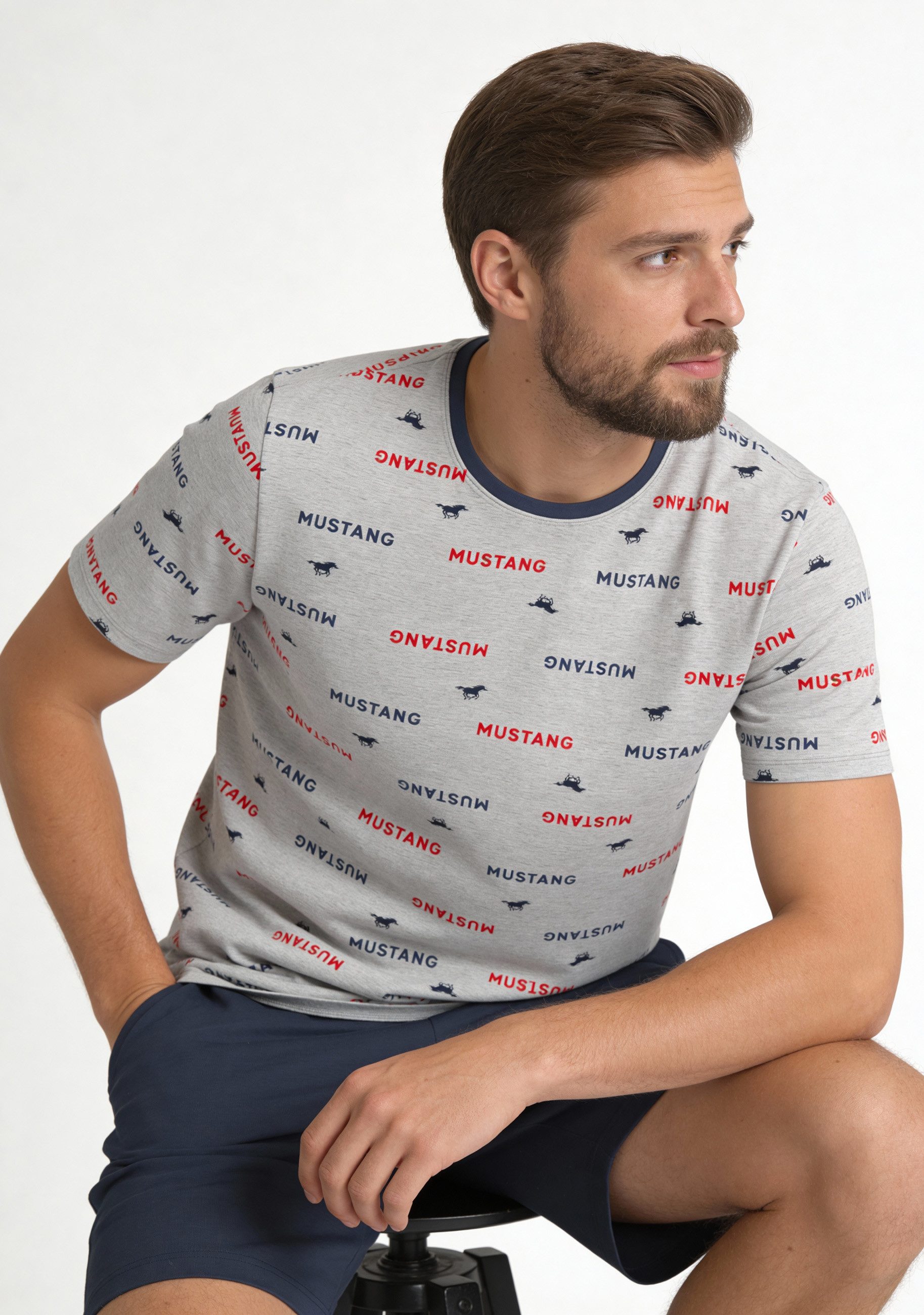 MUSTANG Schlafanzug ERIK Short-Set T-Shirt Short kurze Hose Pyjama Schlafkombi Nachtwäsche (2 tlg) Oberteil Alloverprint graumelange, Short navy