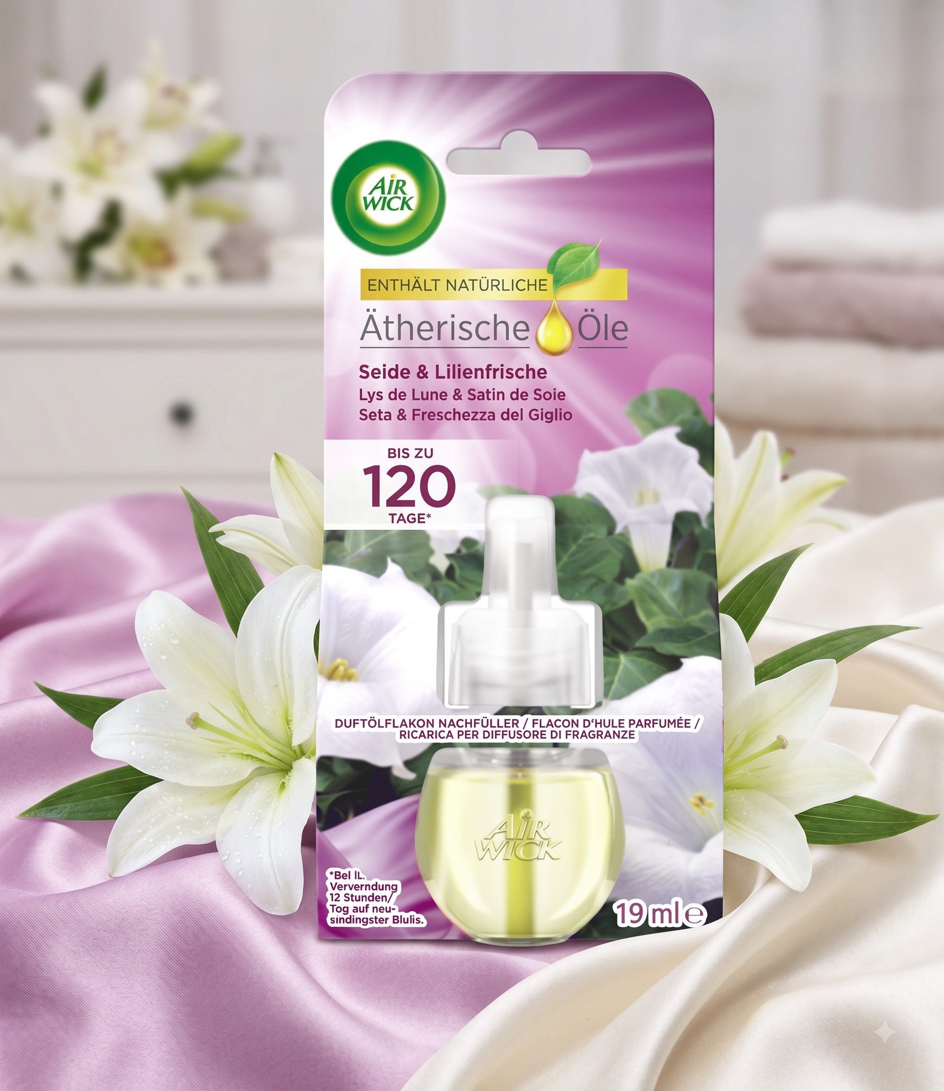 Air Wick Raumduft AIR WICK Duftölflakon Nachfüller, 19 ml – Seide & Lilienfrische