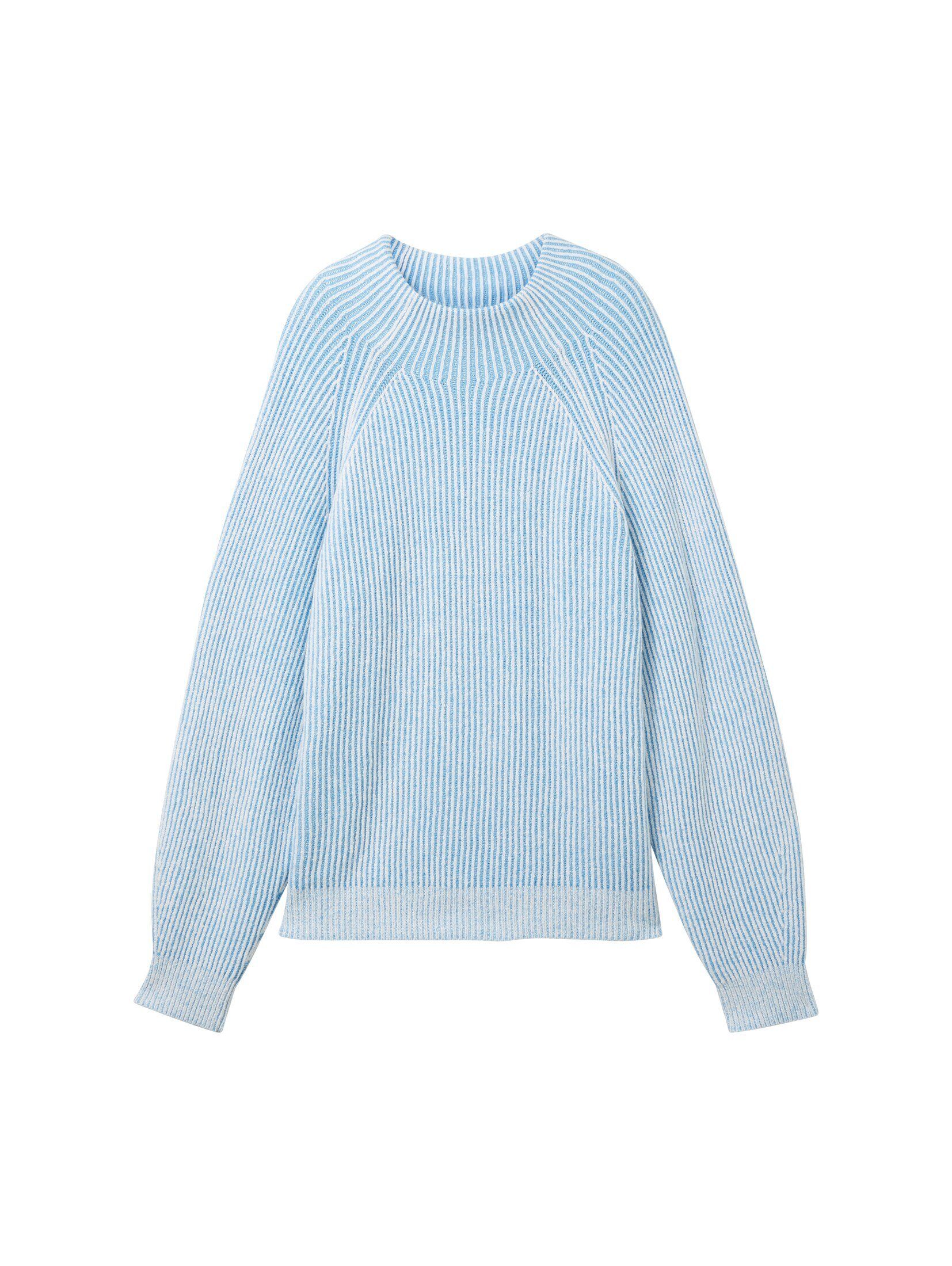 TOM TAILOR Strickpullover Strickpullover blue rib Stehkragen offwhite plaited mit