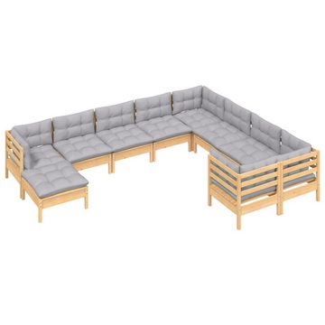 vidaXL Gartenlounge-Set 10-tlg. Garten-Lounge-Set mit Grauen Kissen Kiefernholz, (1-tlg)