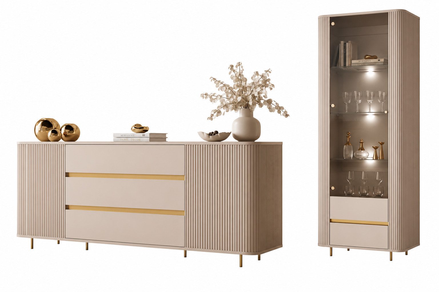ALLHOUSE24 Wohnzimmer-Set MIRACLE II GOLD, Kommode, Vitrine, Sandbeige, LED, PUSH TO OPEN, (2-St., Das Set besteht aus: Kommode, Vitrine), Breite: Vitrine: 76 cm, Kommode: 180 cm