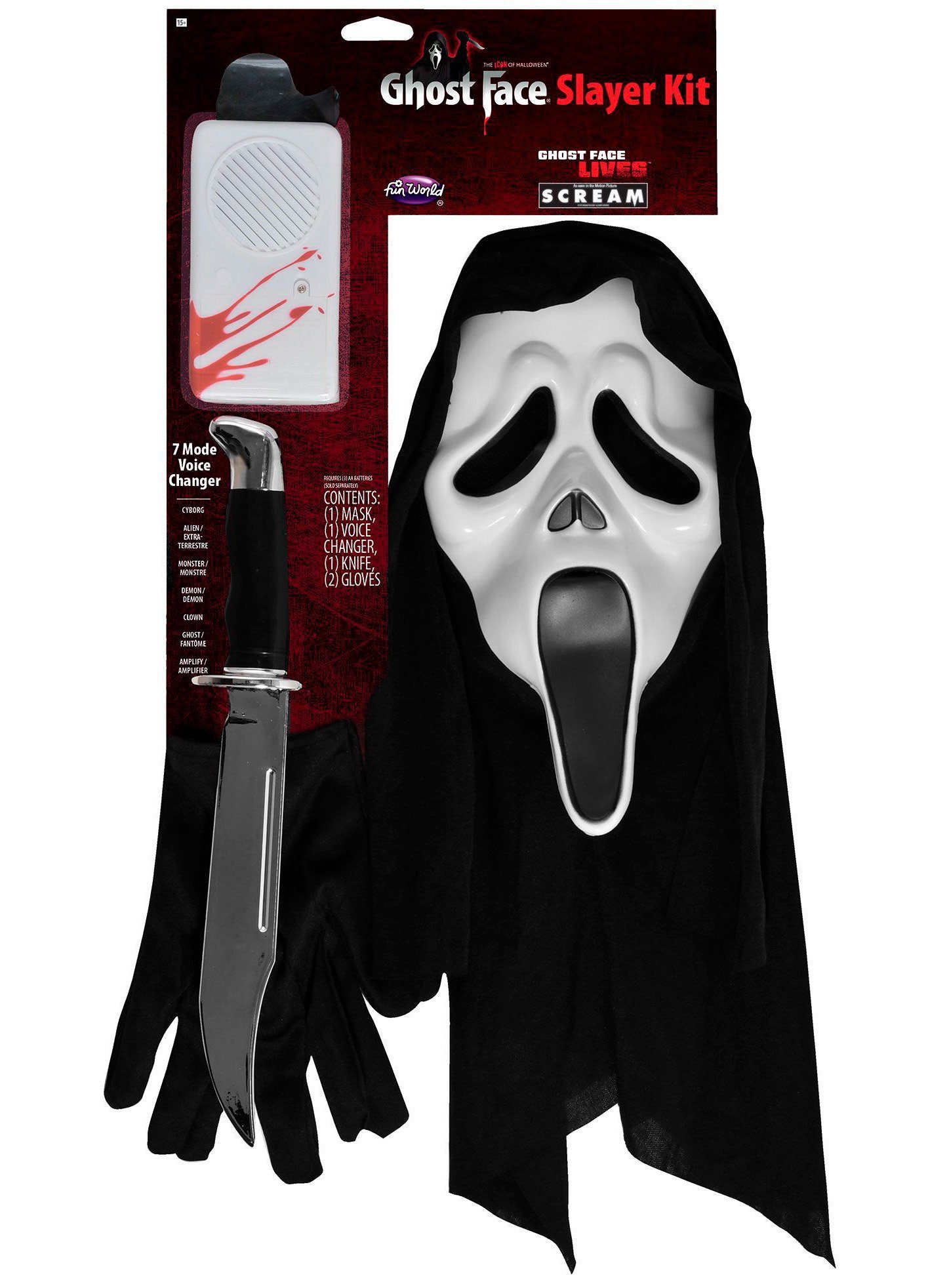Fun World Verkleidungsmaske Scream - Ghostface Set - Halloween Kostüm Herren, Set aus der ikonischen Maske, einem Plastikdolch, Handschuhen und Voic