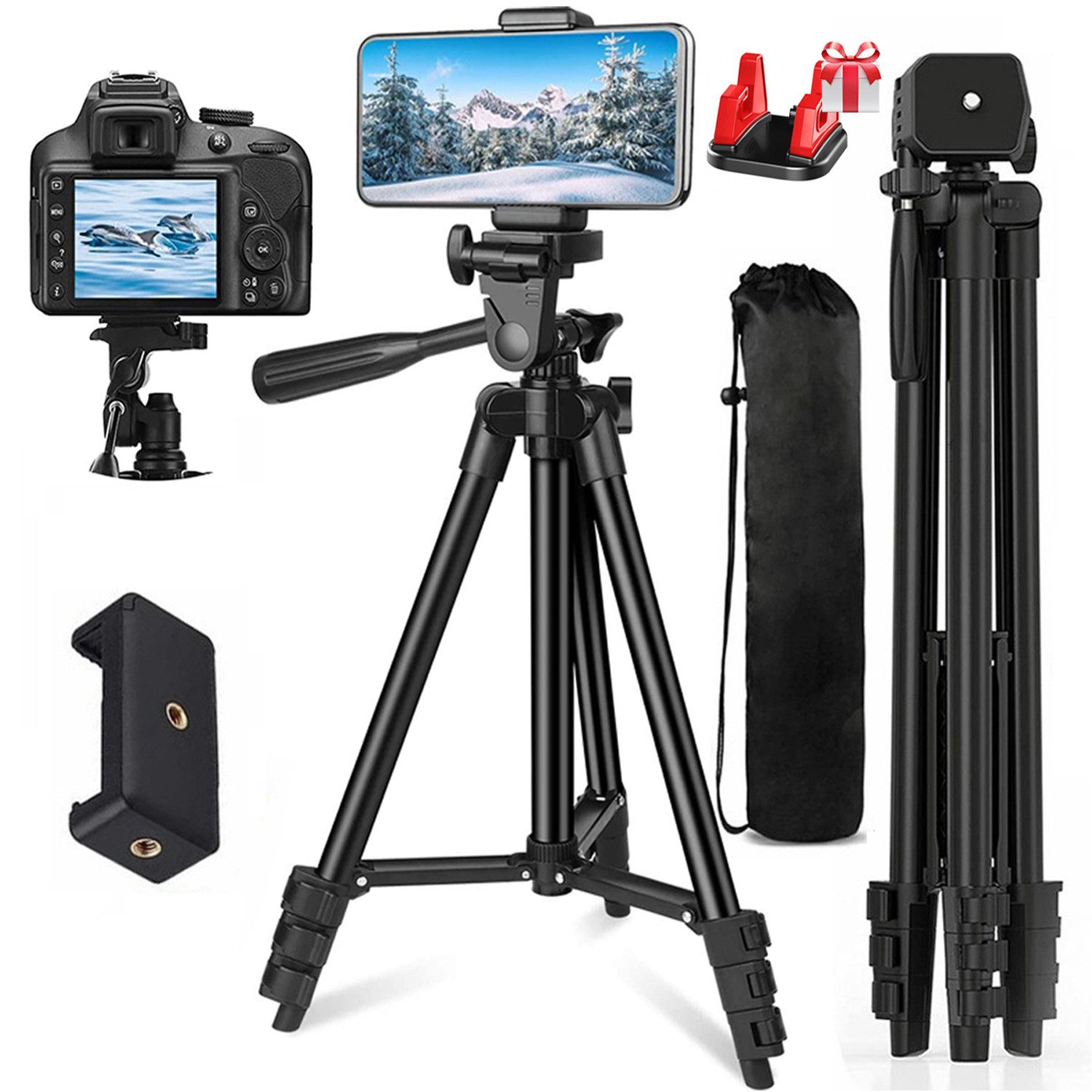 MOPUEA Kamerastativ Dreibeinstative Smartphone-Halterung Kamerastativ (Handystativ mit Fernauslöser Reise-Stativ für Smartphone und Kamera)