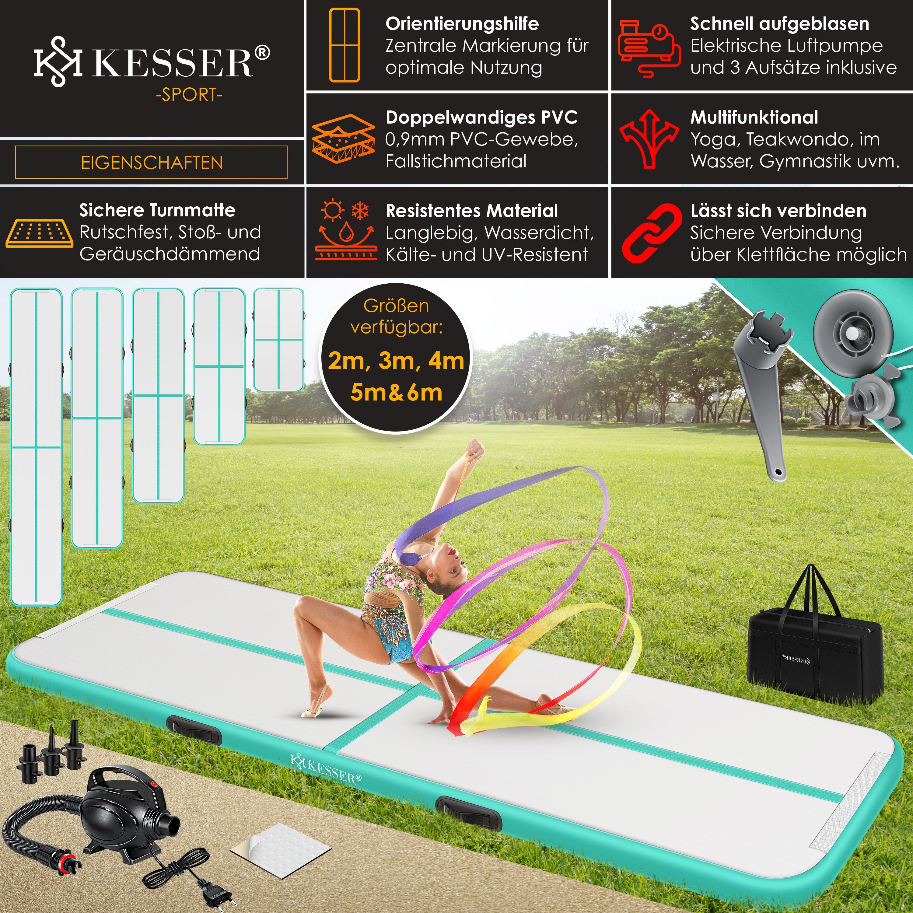 KESSER Turnmatte, Turnmatte Aufblasbar Airtrack Fitness-Matte Gymnastikmatte